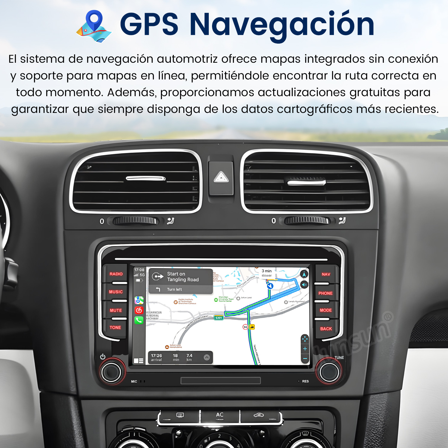 Panel de coche con mapa de navegación GPS. La pantalla muestra una ruta con indicaciones. Botones de radio, música y teléfono son visibles.