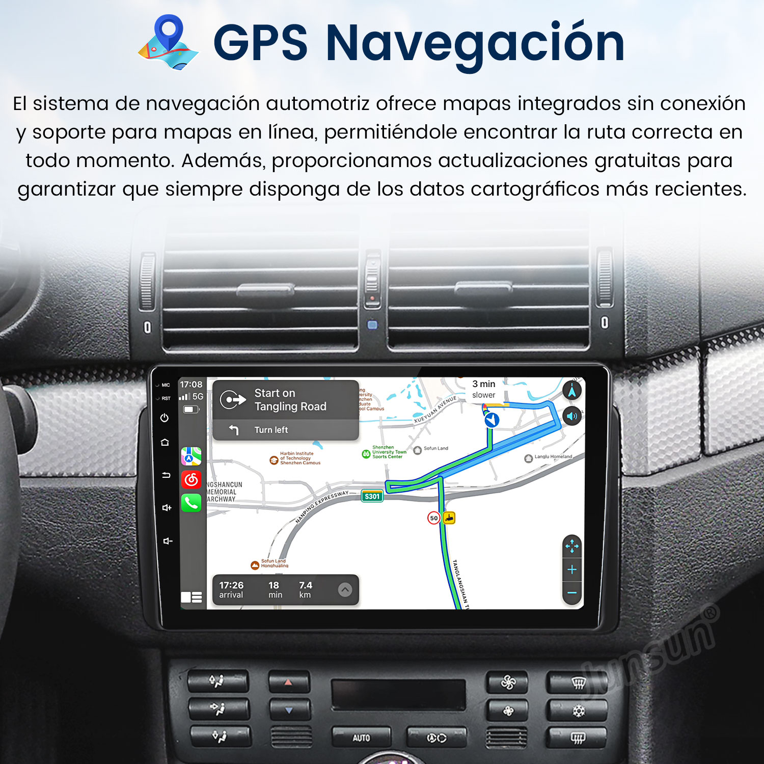 El GPS del coche muestra un mapa con ruta. La pantalla muestra direcciones e información. Salpicadero con botones y rejillas de ventilación.
