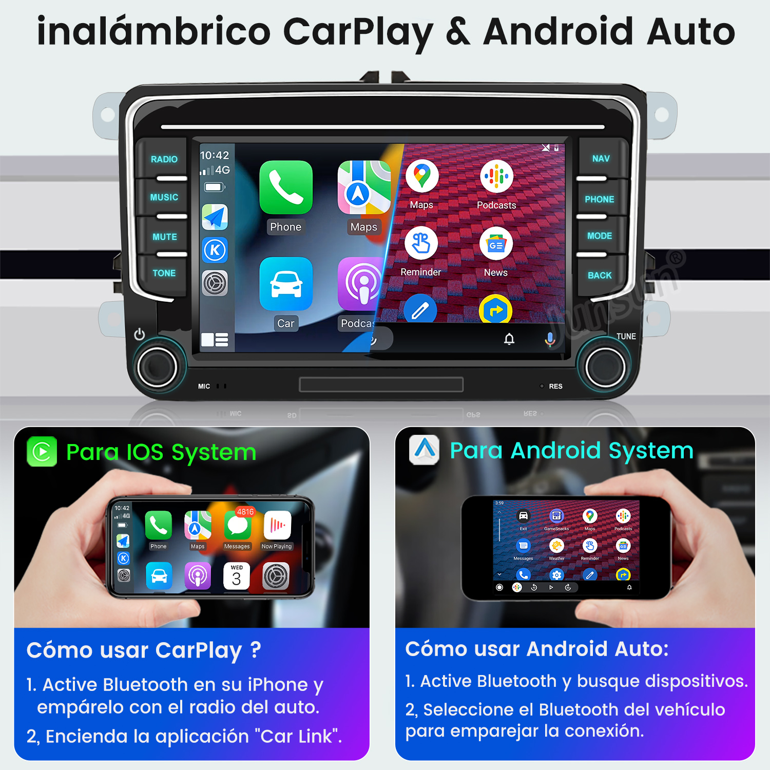 Radio de coche con CarPlay y Android Auto. Muestra iconos de aplicaciones e incluye instrucciones para las conexiones iOS y Android.