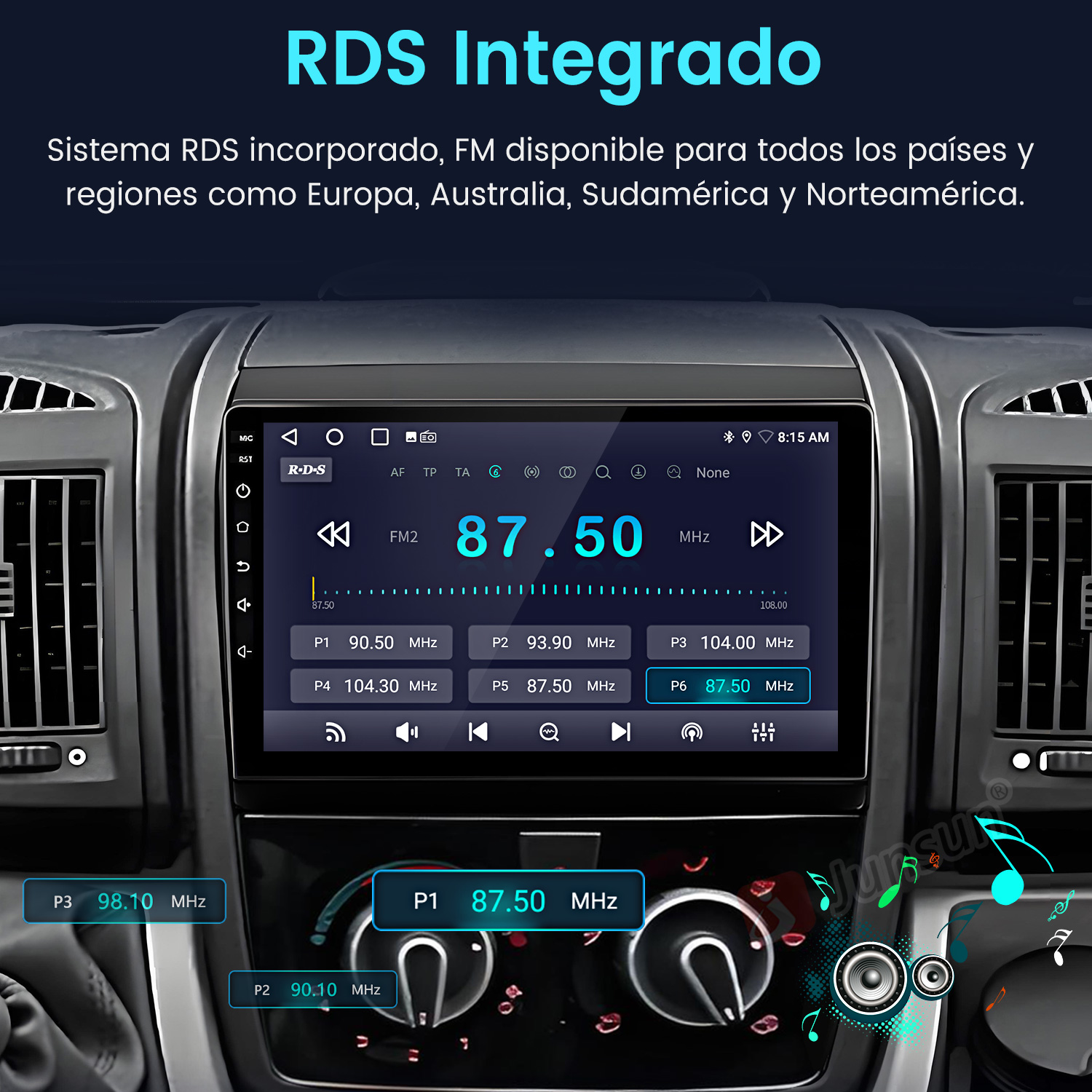 Pantalla de radio de coche mostrando 87.50 MHz. Botones y perillas visibles. El texto dice 'RDS Integrado' y menciona Europa, Australia, etc.