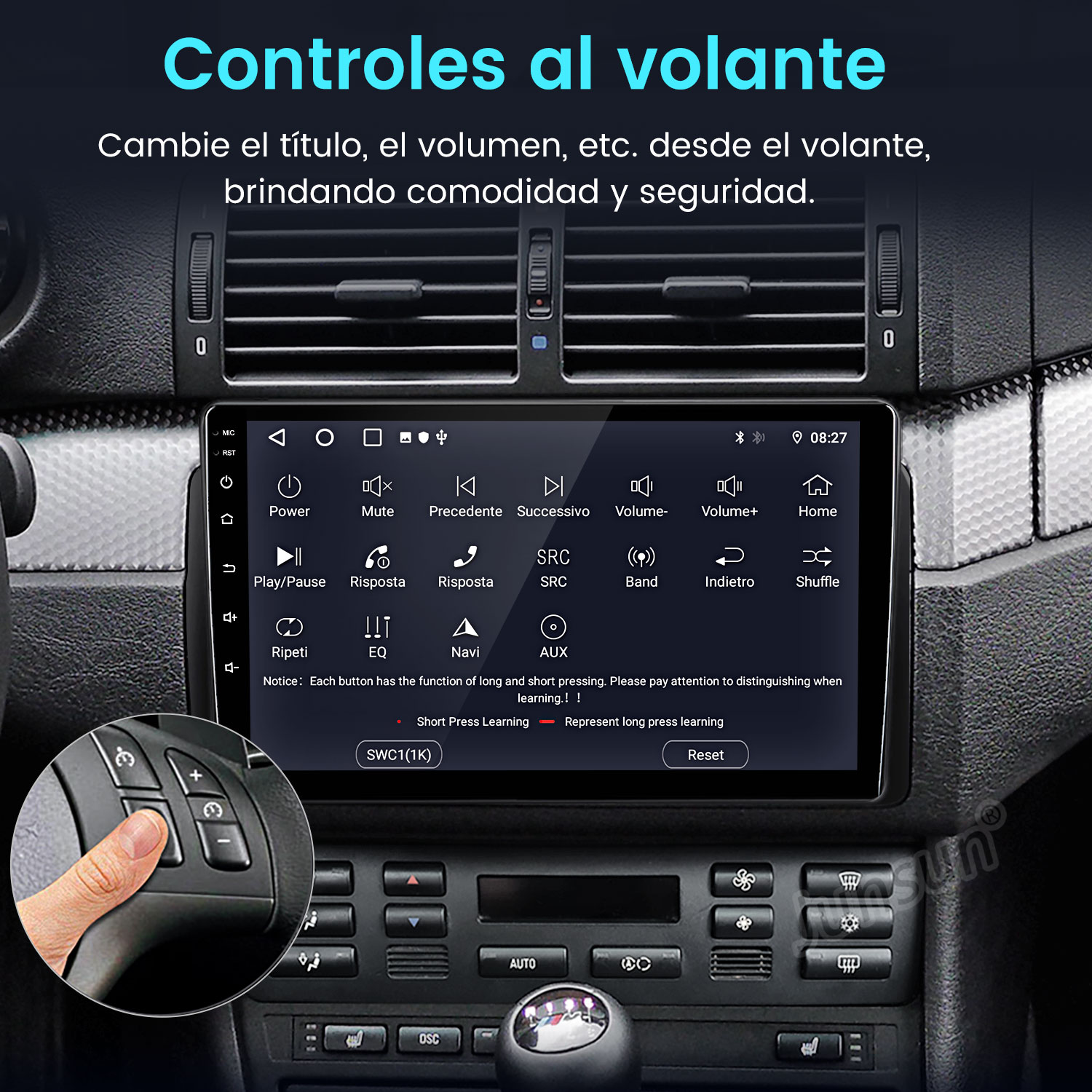 Interior de coche con pantalla de controles. Mano presiona botón del volante. Texto: "Controles al volante".