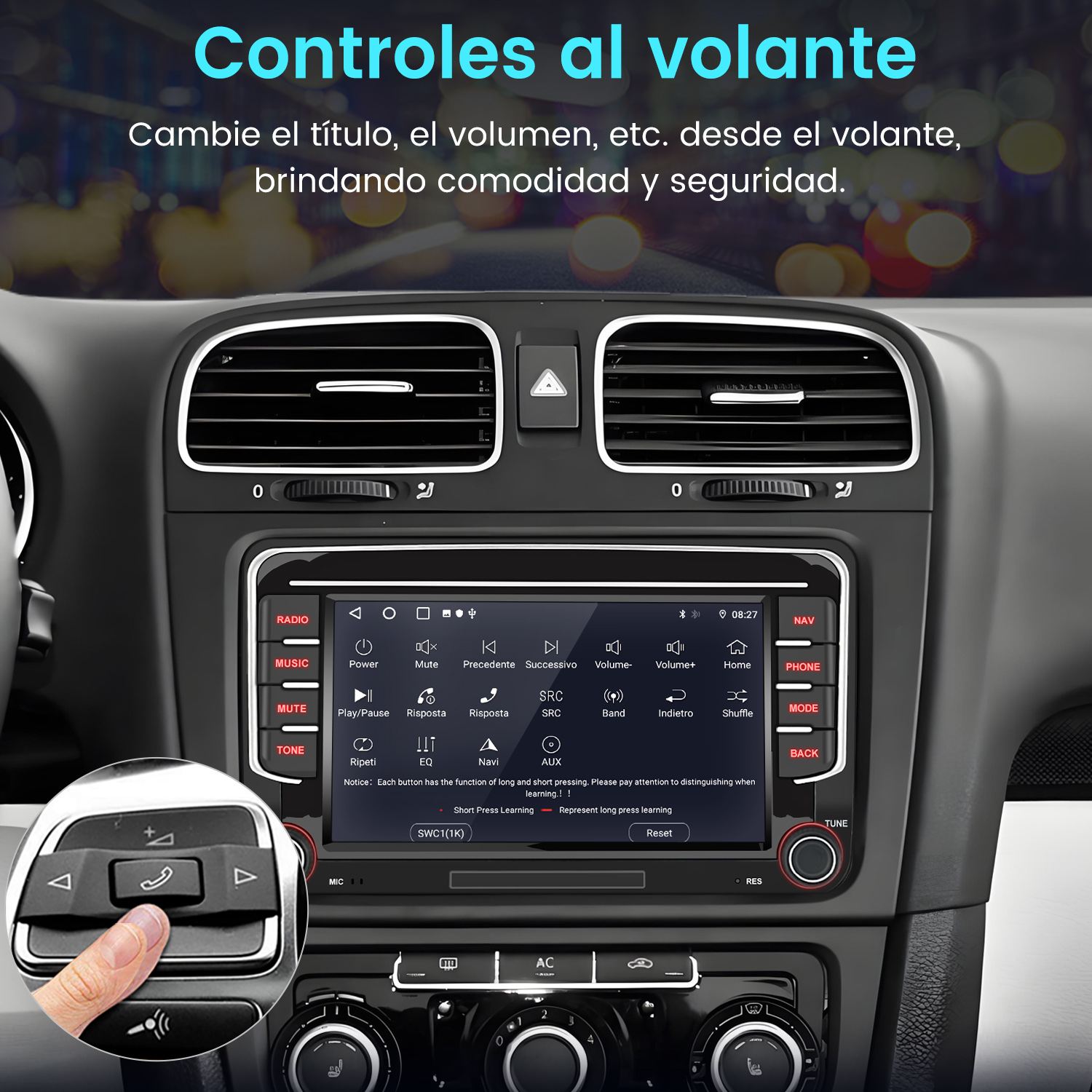 Panel del coche con botones. Una mano pulsando un botón en el volante. La pantalla de la radio del coche está encendida. El fondo está borroso.