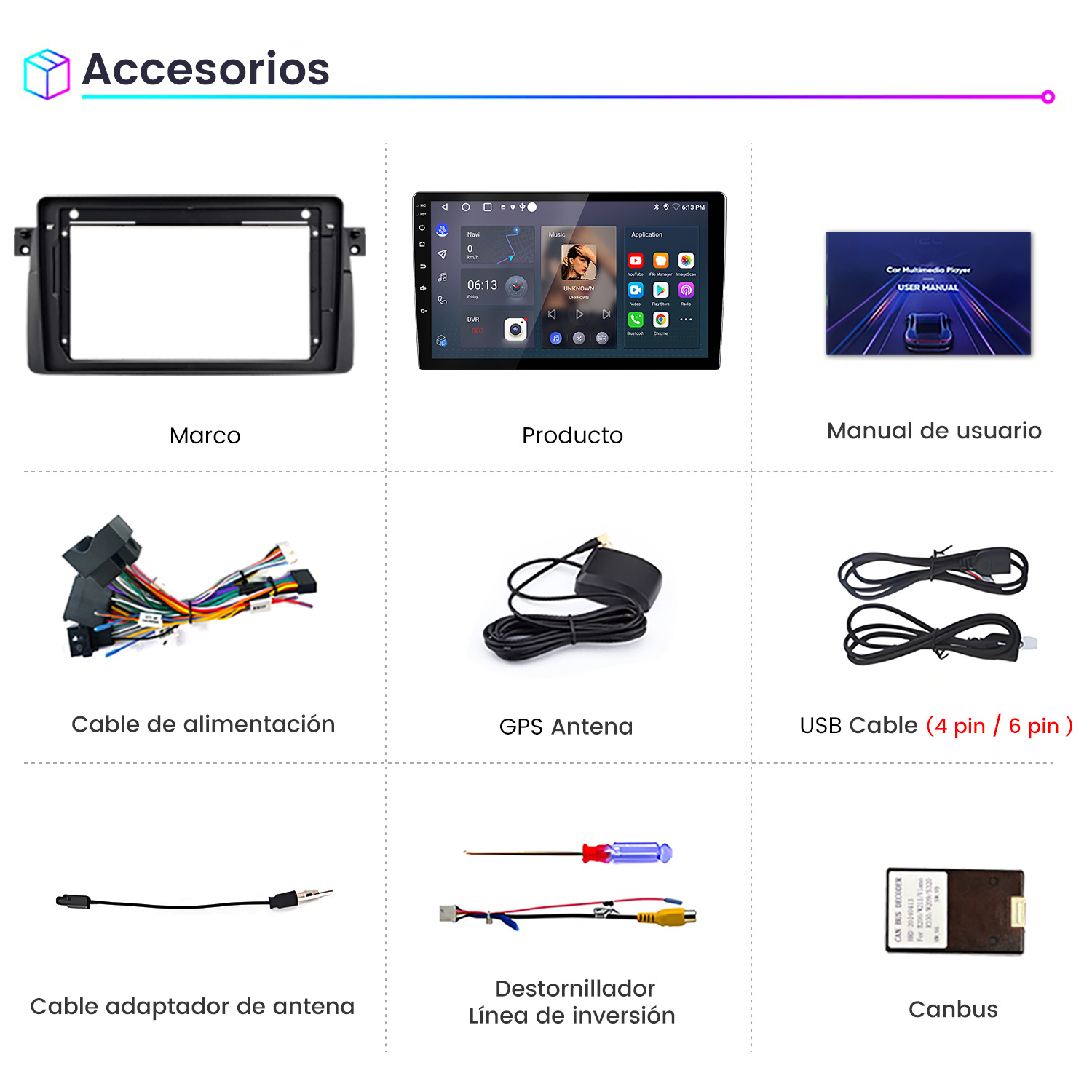 La imagen muestra accesorios para coche: marco, reproductor multimedia, manual de usuario, cable de alimentación, antena GPS, cable USB, adaptador de antena, destornillador y canbus.