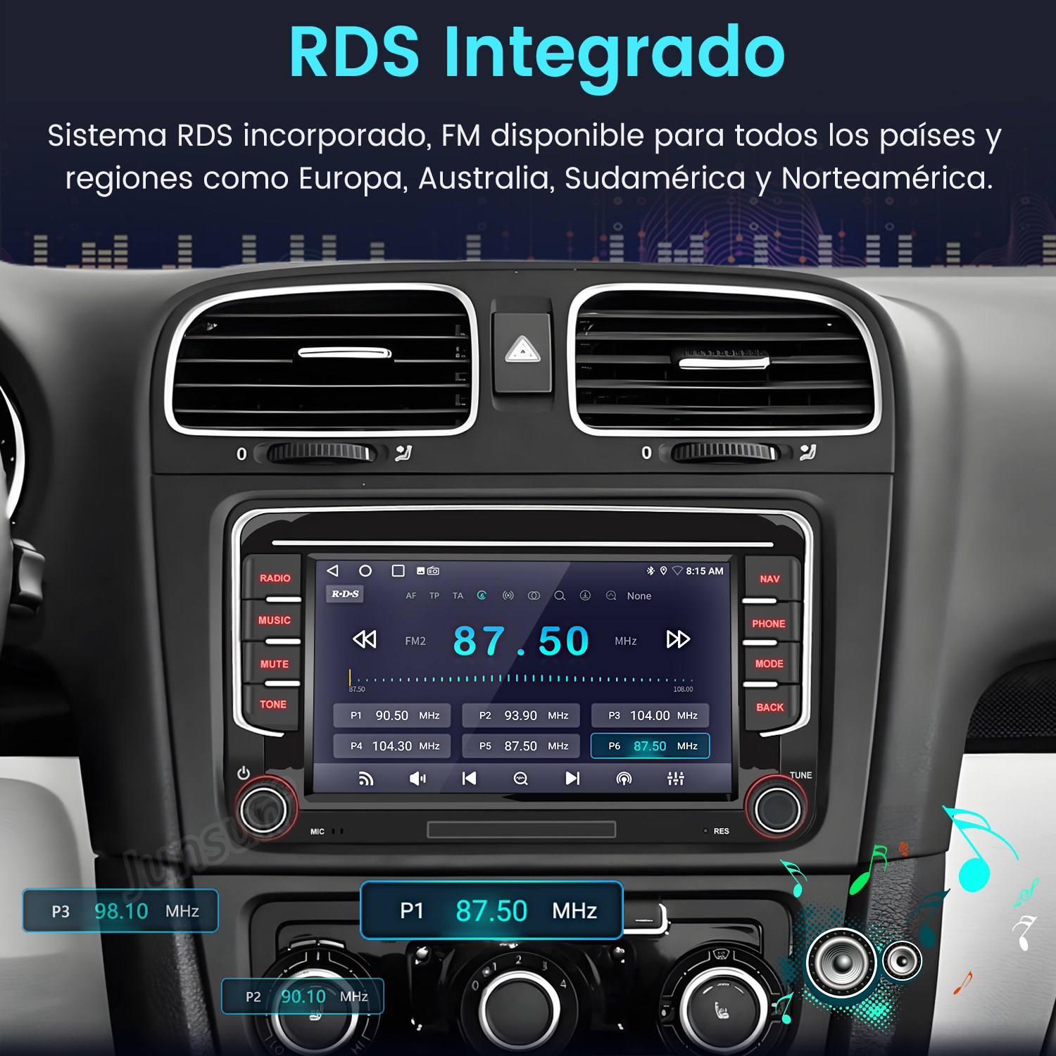 Radio de coche con pantalla digital que muestra la frecuencia de radio FM. Se ven botones y mandos. La pantalla muestra 87,50 MHz.
