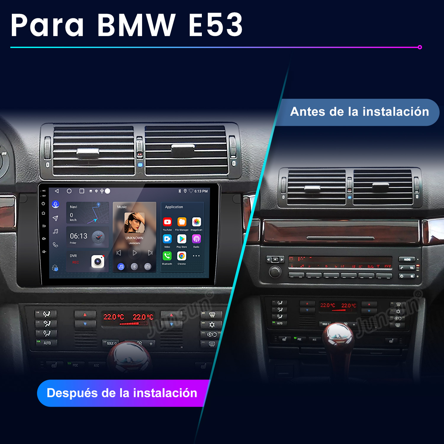Interior del coche antes y después de la instalación de la radio. Muestra hora, temperatura e iconos de aplicaciones en la nueva pantalla. Superposición de texto.