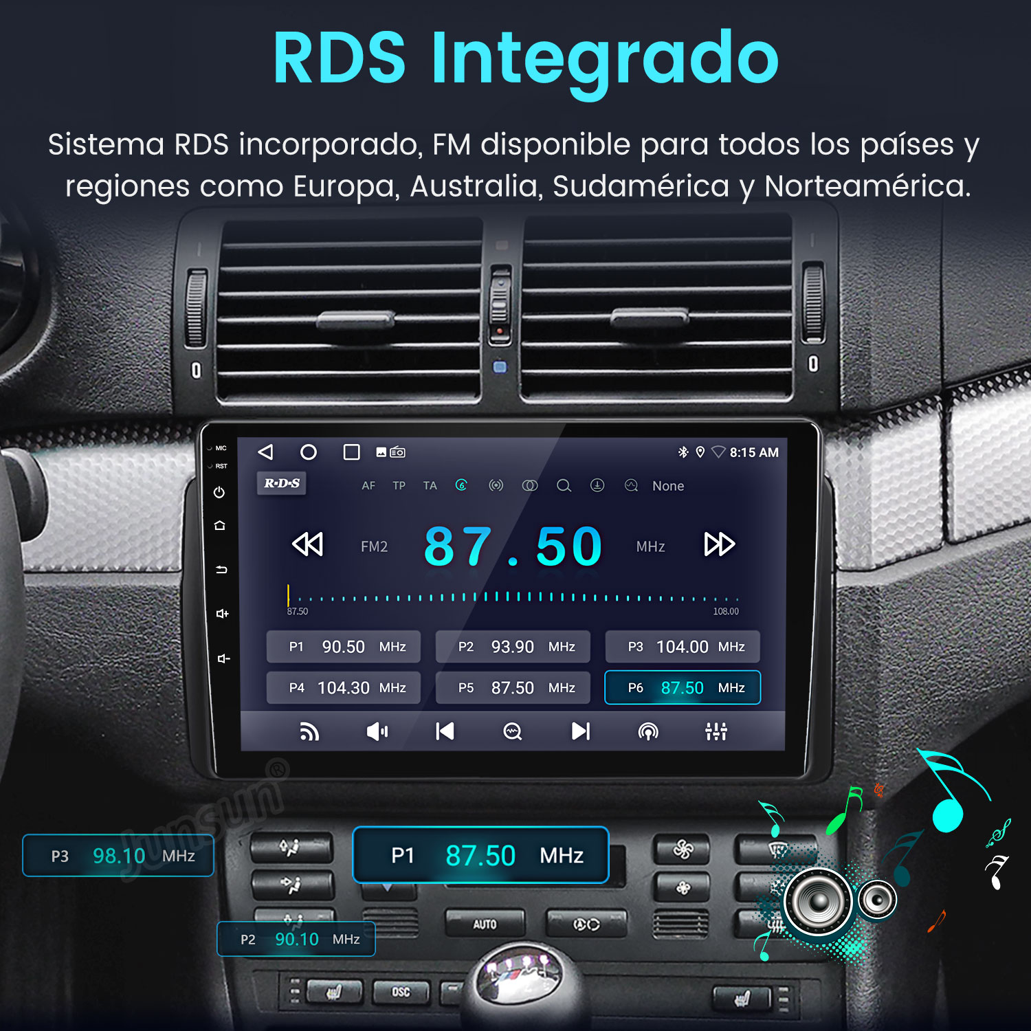 Panel del coche con pantalla de radio. Muestra la frecuencia 87,50 MHz, otros botones y ajustes. Texto en español.