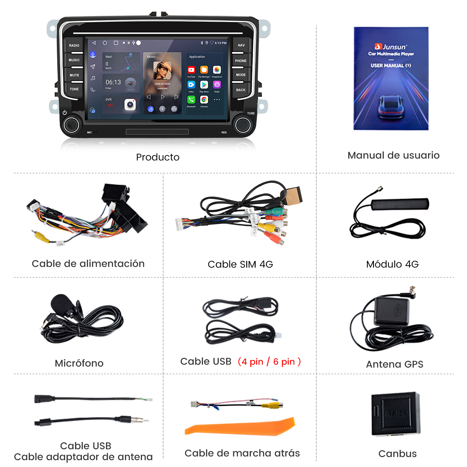 La imagen muestra un reproductor multimedia para automóvil, un manual de usuario, cables, micrófono, antena GPS y otros componentes, todos para sistemas de audio.