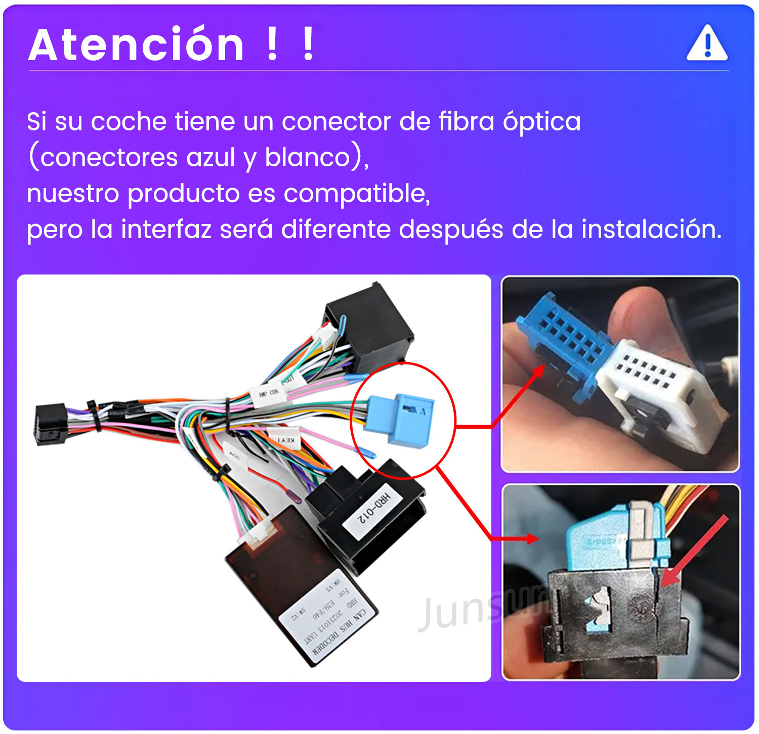 Imagen muestra conectores de coche, incluyendo conectores de fibra óptica azules y blancos. Texto advierte sobre compatibilidad y diferencias de interfaz.