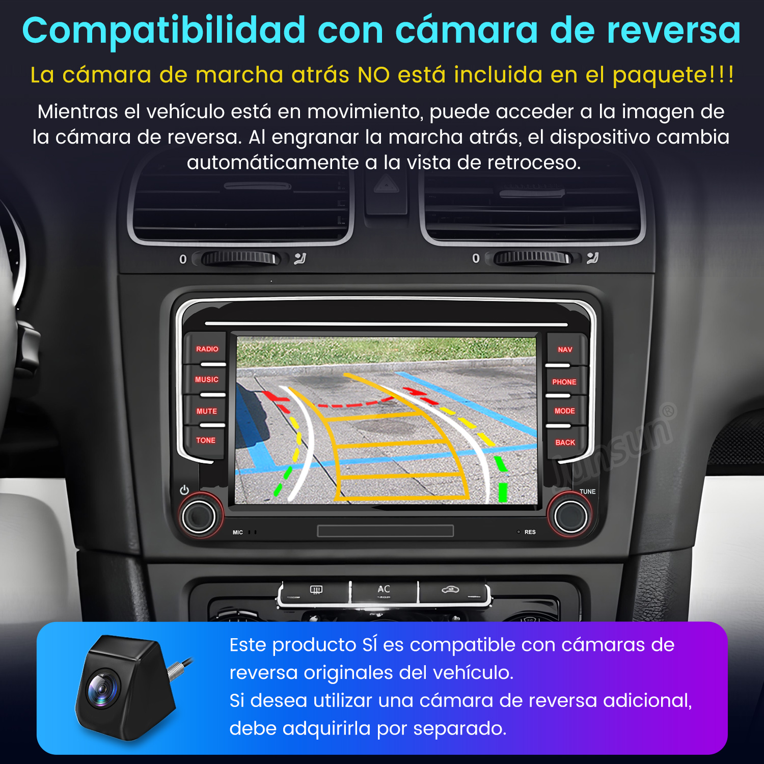 Salpicadero de coche con pantalla de navegación que muestra líneas de aparcamiento. Una cámara en la esquina inferior izquierda. Texto sobre la cámara de marcha atrás.