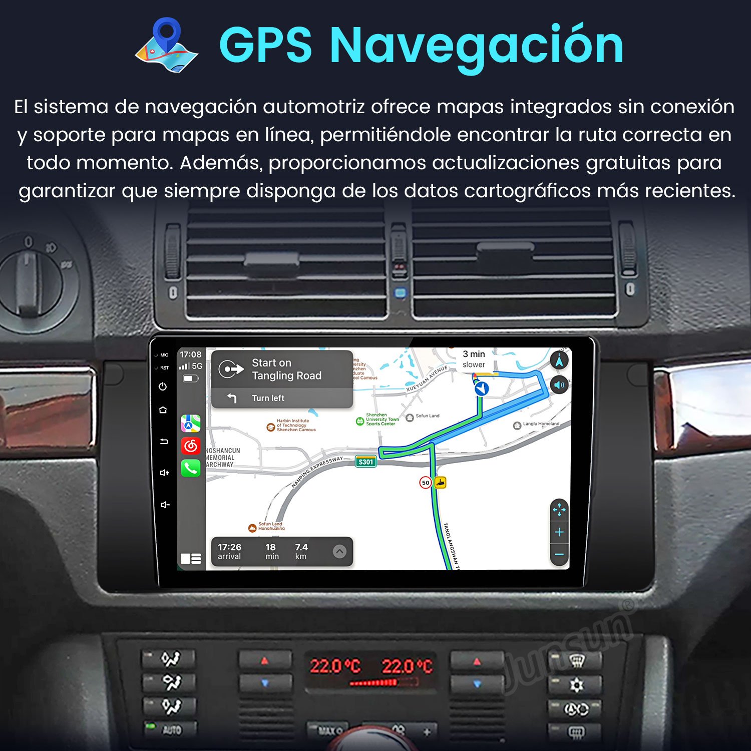 Panel del coche con pantalla de navegación y mapa. La pantalla muestra guía de ruta y lecturas de temperatura.