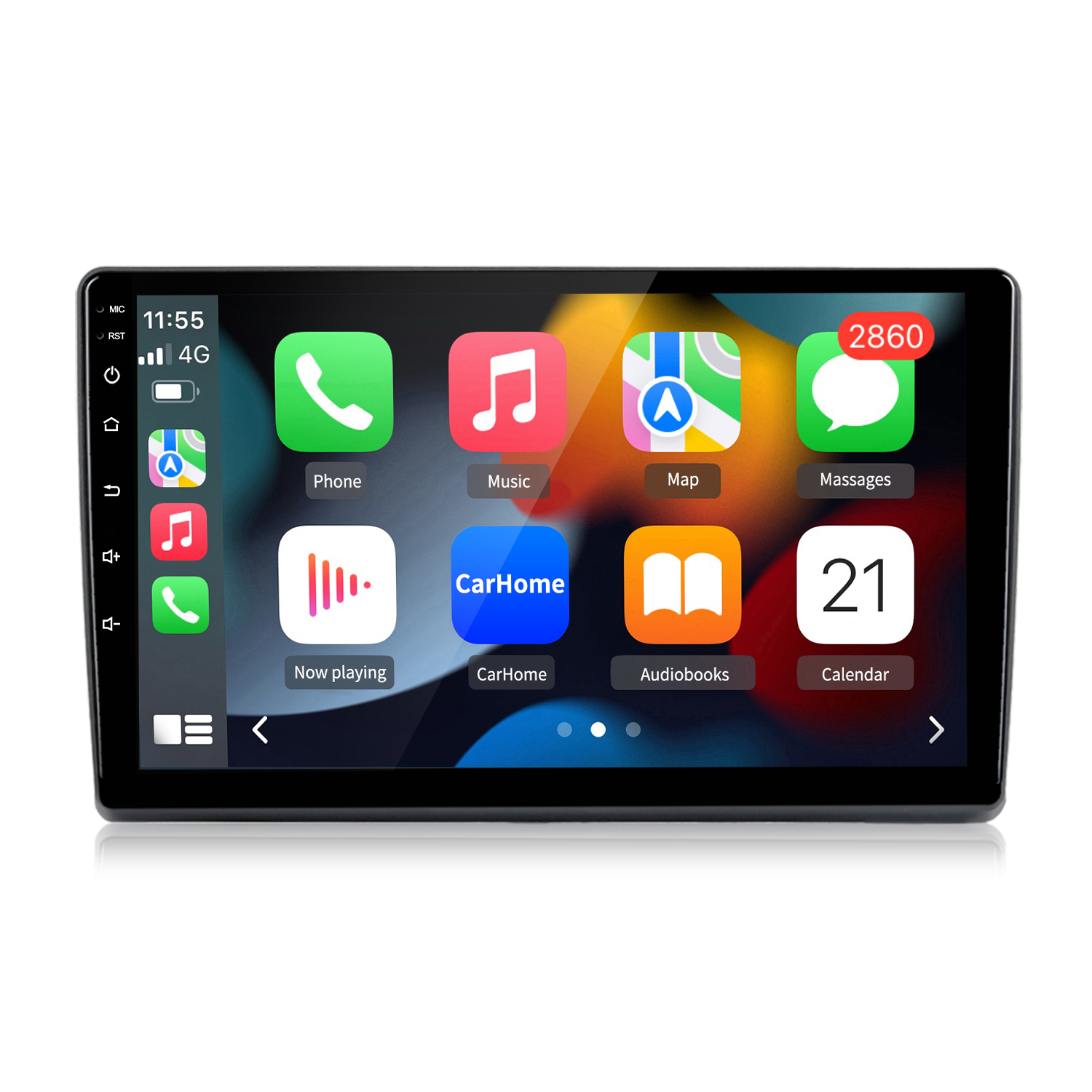 Una pantalla del sistema de infoentretenimiento del coche muestra iconos de aplicaciones: Teléfono, Música, Mapa, Mensajes, Reproduciendo ahora, CarHome, Audiolibros y Calendario.