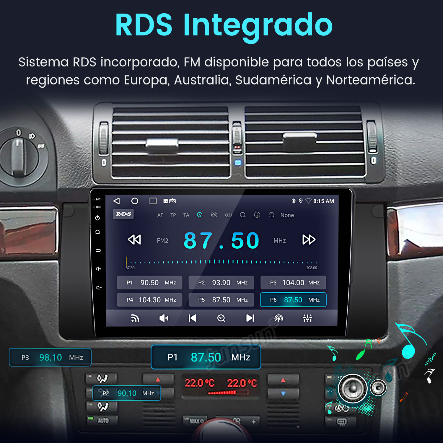 Pantalla de radio del coche que muestra 87.50 MHz. El texto superior dice 'RDS Integrado'. Los botones y controles son visibles debajo.