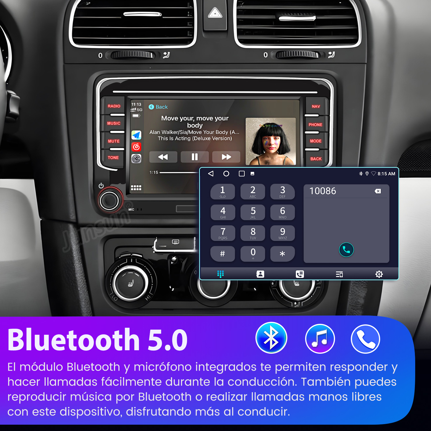 Panel del coche mostrando una pantalla con música y un marcador telefónico abierto. Se muestra el texto Bluetooth 5.0.