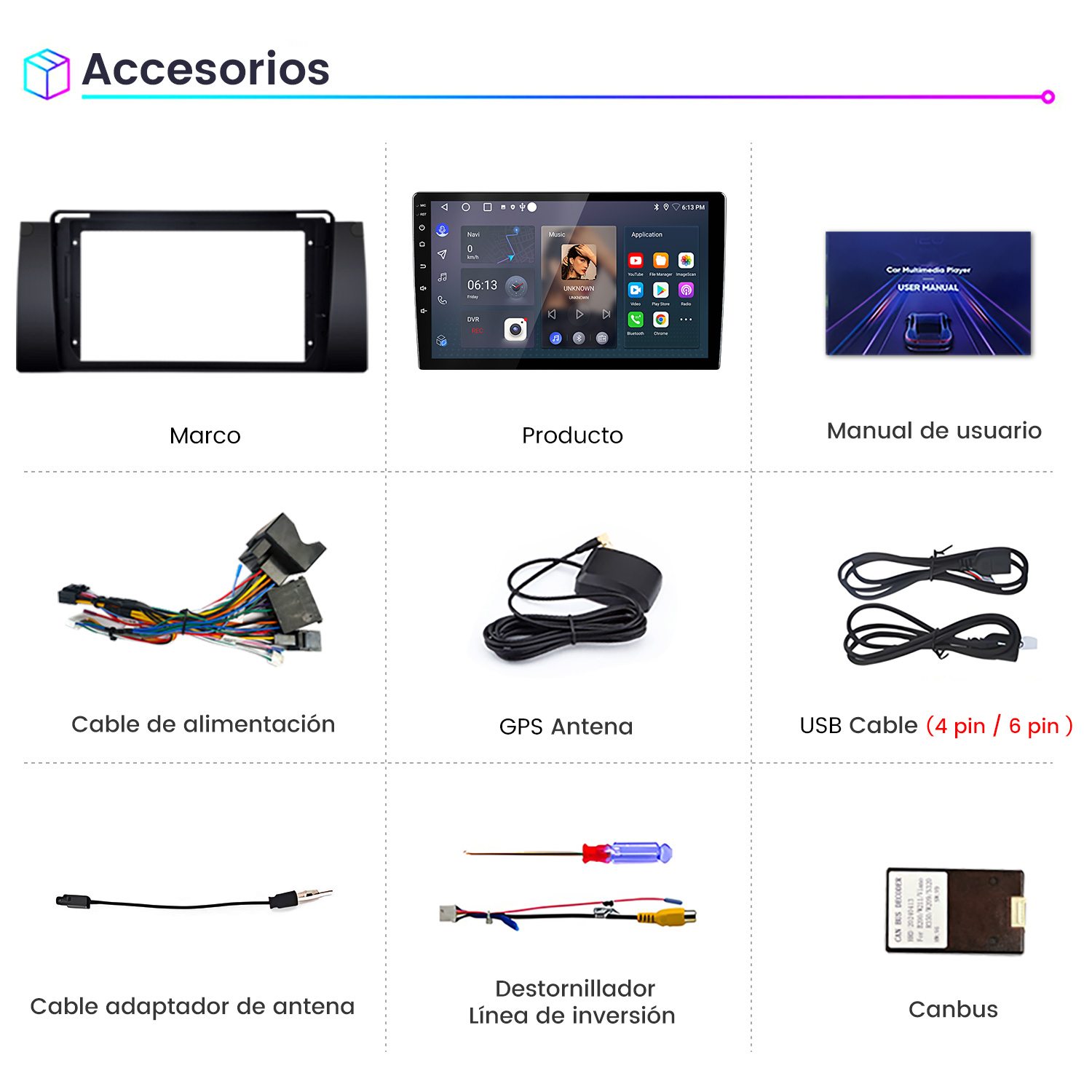 La imagen muestra accesorios para automóviles: marco, producto, manual del usuario, cable de alimentación, antena GPS, cable USB, adaptador de antena, destornillador y Canbus.