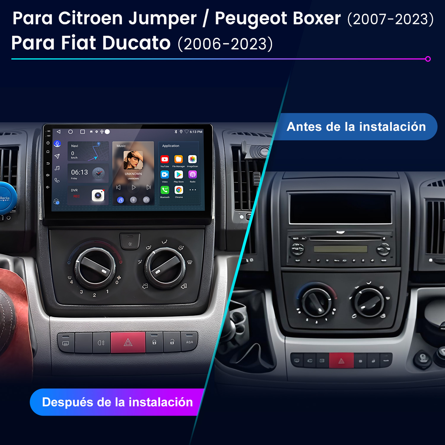 Comparación del salpicadero del coche: antes y después de la instalación. Muestra un nuevo sistema de infoentretenimiento después.