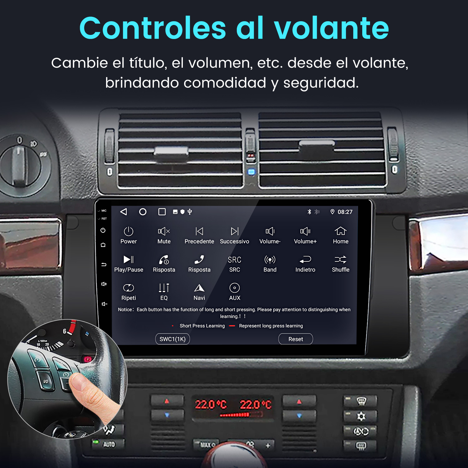 Tablero de coche con pantalla mostrando opciones, mano en volante con botones, y texto 'Controles al volante'.