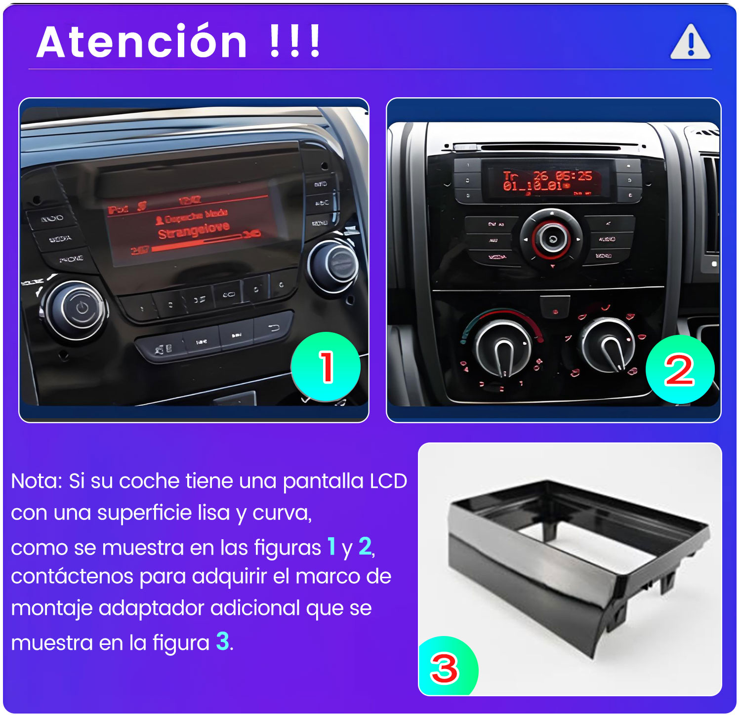 Imagen de salpicadero de coche con radio, pantalla y botones. Los números 1, 2 y 3 están marcados en diferentes partes. Texto en español.