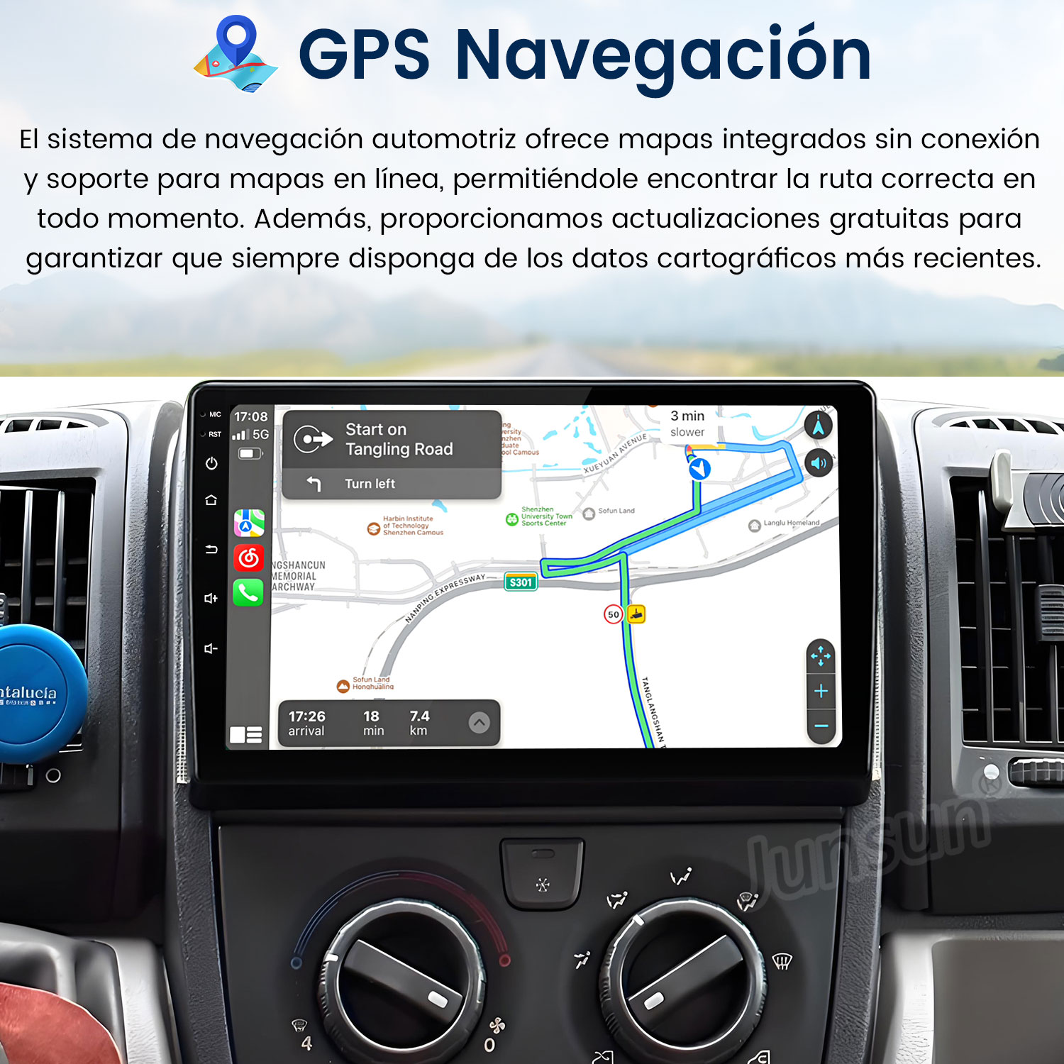 Pantalla del sistema de navegación del coche que muestra un mapa con guía de ruta. Salpicadero interior del coche visible. Texto en español.