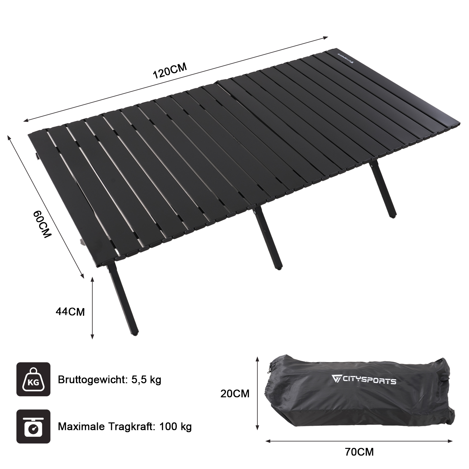 Schwarzer Campingtisch mit Maßen, einer Tragetasche und Gewichtsangaben. Der Tisch ist 120 cm lang.
