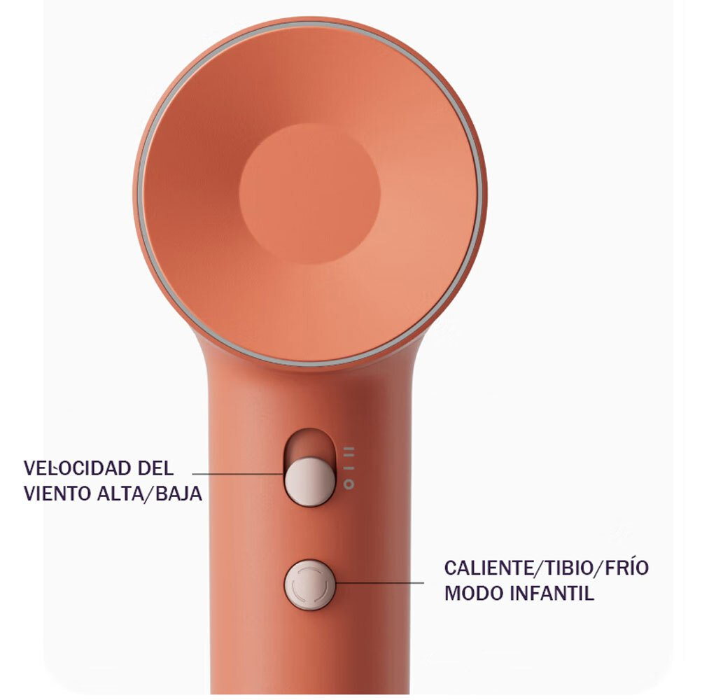 Un asciugacapelli arancione con due pulsanti per le impostazioni di velocità e temperatura. Etichette di testo in spagnolo.