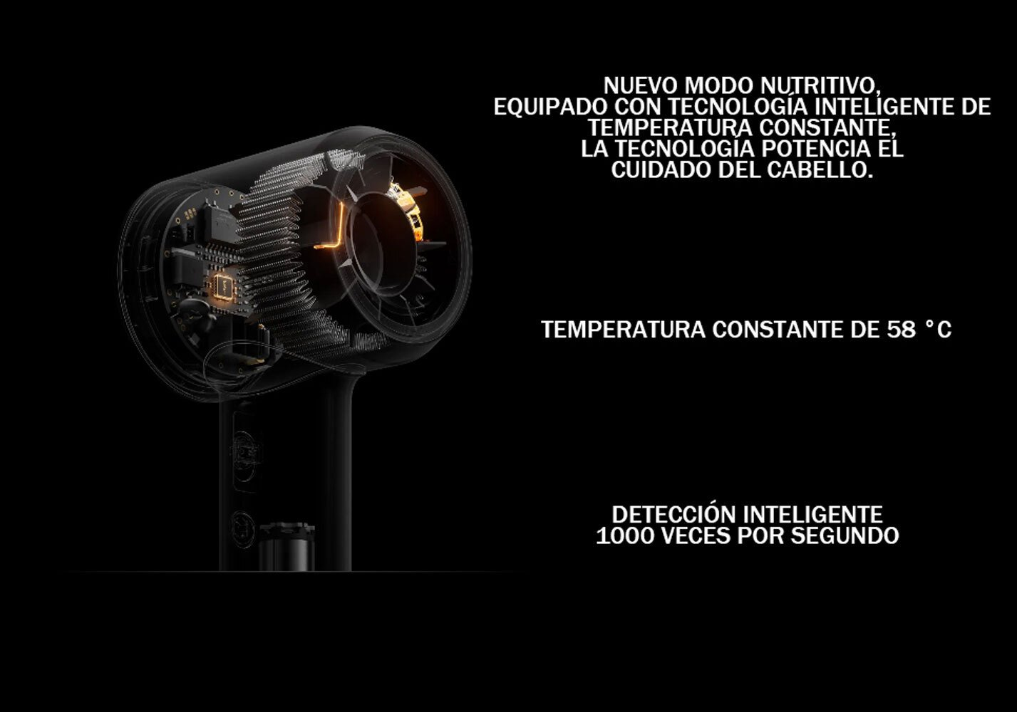Asciugacapelli nero con componenti interni visibili. Il testo recita: Nuovo, modalità nutritiva, tecnologia intelligente, temperatura costante e altro.