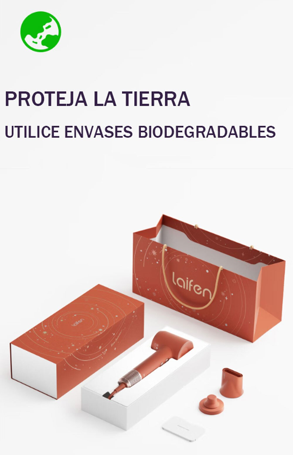 Confezione del prodotto con asciugacapelli e accessori. Scatole e borse sono arancioni con testo bianco. Lo sfondo è bianco.