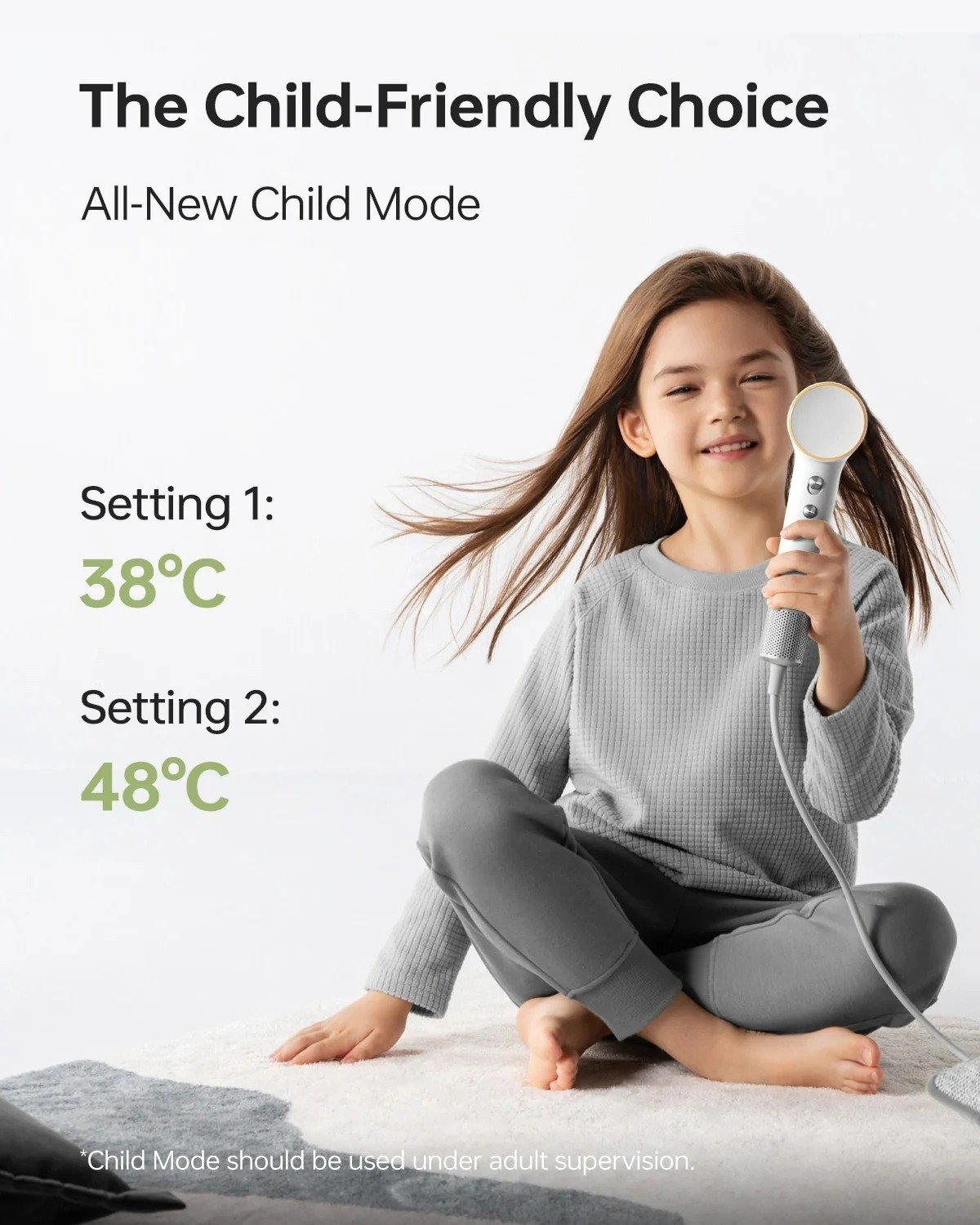 Una bambina tiene in mano un dispositivo. Testo: 'Scelta adatta ai bambini'. Vengono visualizzate le temperature. Testo: 'La modalità Bambino deve essere usata sotto supervisione di un adulto'.