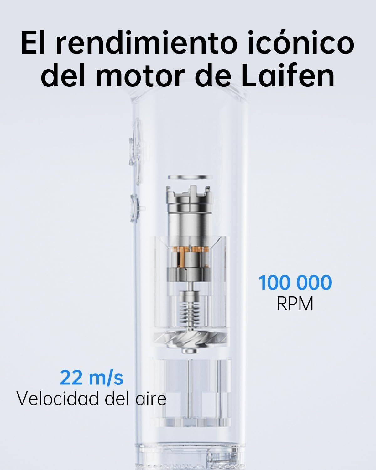 Vista esplosa di un motore Laifen con componenti interni. Il testo indica 22 m/s di velocità dell'aria e 100.000 RPM.