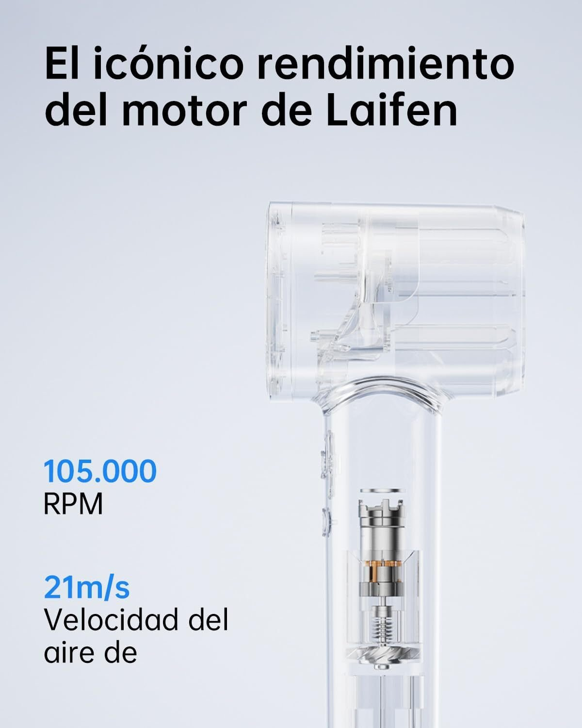 Dispositivo trasparente con componenti interni. Testo: iconico motore Laifen, 105.000 RPM, velocità dell'aria 21 m/s.