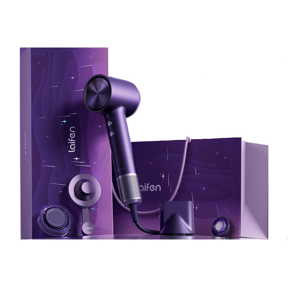 Un set di asciugacapelli Laifen viola. Include asciugacapelli, scatola, supporto e accessori. Lo sfondo è bianco.