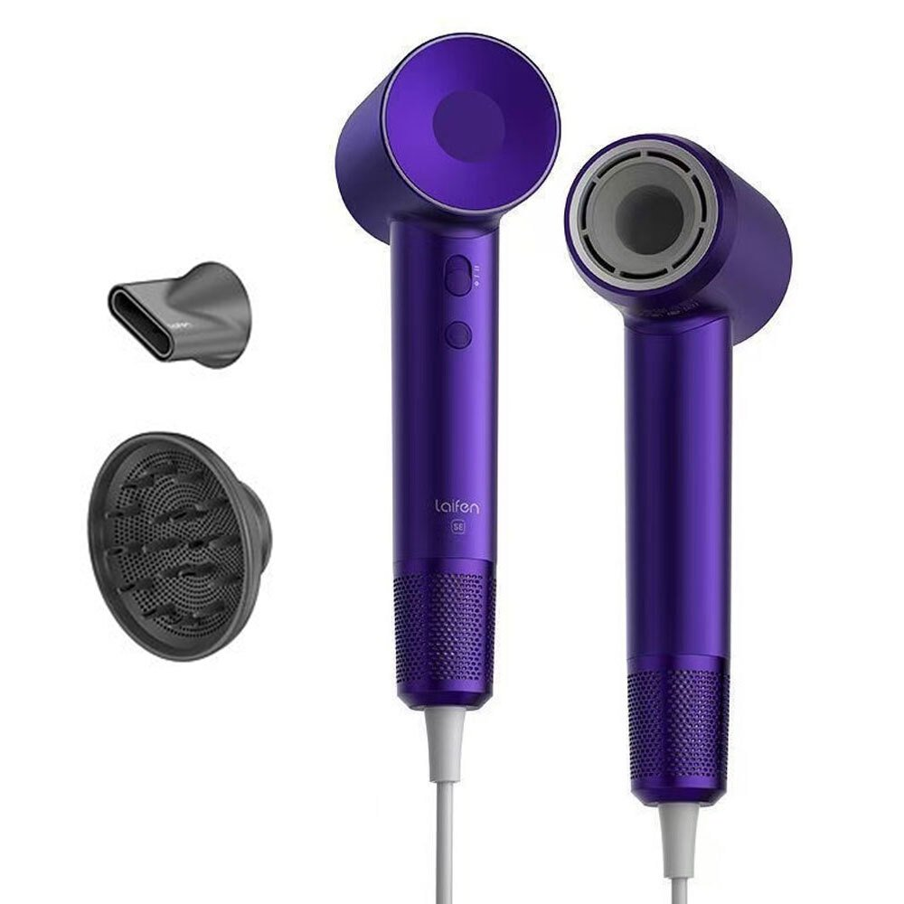 Due asciugacapelli viola con accessori, tra cui un ugello e un diffusore. I cavi bianchi si estendono dalle basi.
