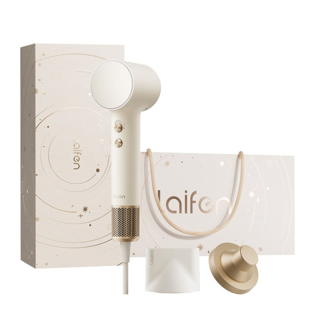 Un set di asciugacapelli bianco e oro. Include una confezione regalo, una borsa, un supporto e un piccolo contenitore bianco. Tutti gli articoli hanno il logo 'laifen'.