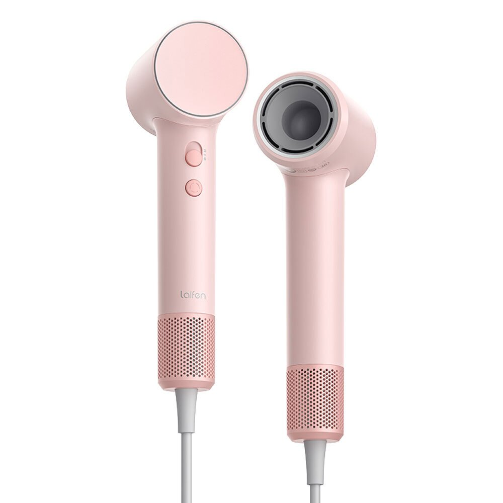 Due asciugacapelli rosa con cavi bianchi. Uno ha una testa circolare, l'altro un ugello. Entrambi hanno pulsanti e una base a rete.