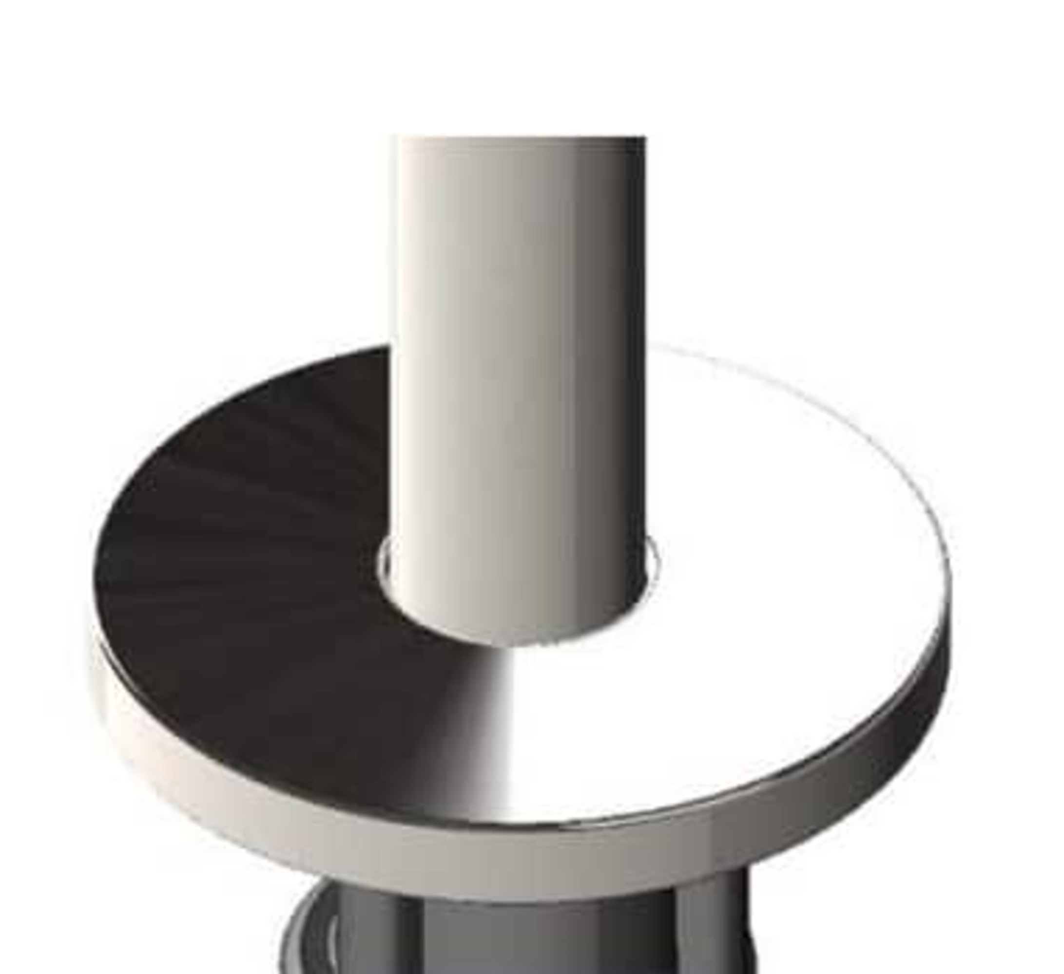 Una vista de primer plano de un accesorio de metal brillante. Presenta una base circular con un poste central que se eleva desde ella. El fondo es blanco.