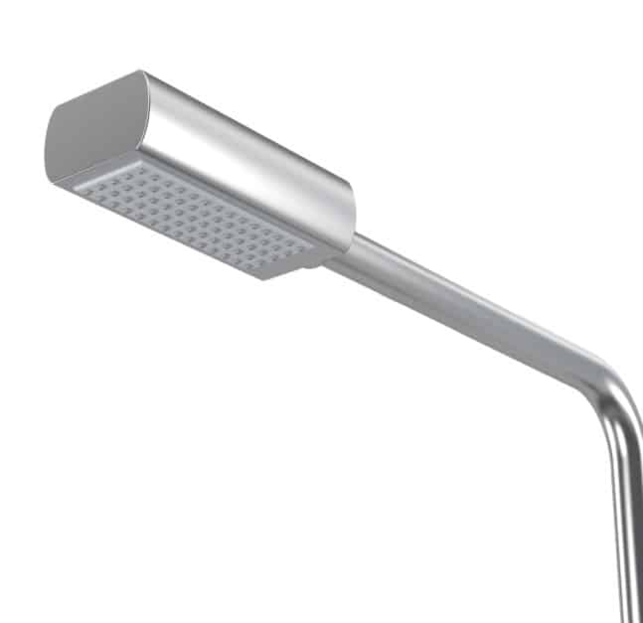 Una farola plateada con una luz rectangular y un brazo curvo. El fondo es blanco.