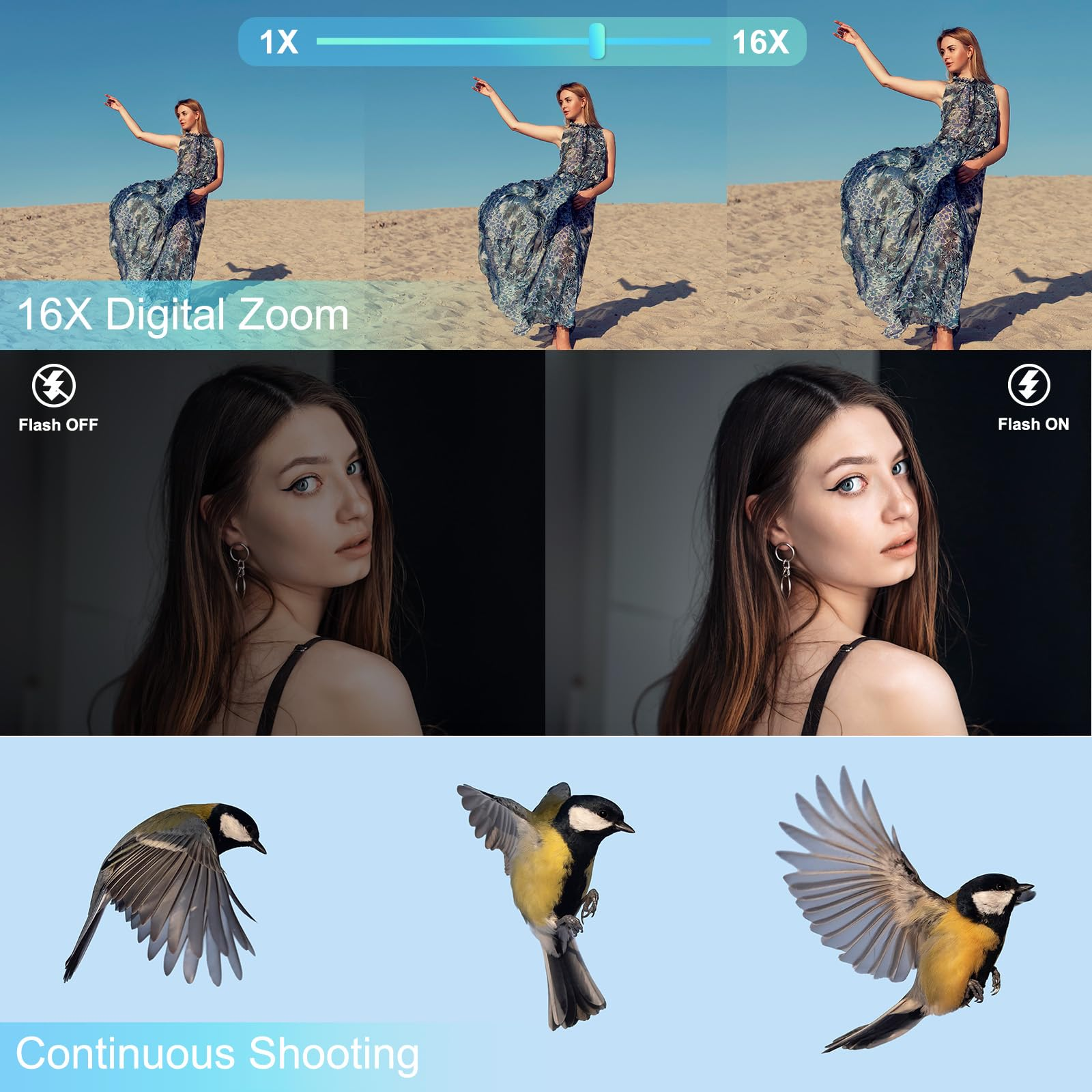 Obraz przedstawia zoom cyfrowy, portrety z i bez lampy błyskowej oraz ptaki w locie na niebieskim tle.