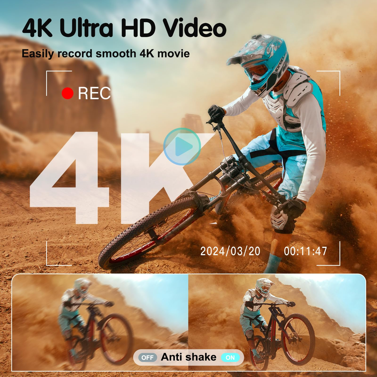 Kolarz na rowerze górskim wzbija kurz. Obraz promuje nagrywanie wideo w rozdzielczości 4K Ultra HD.