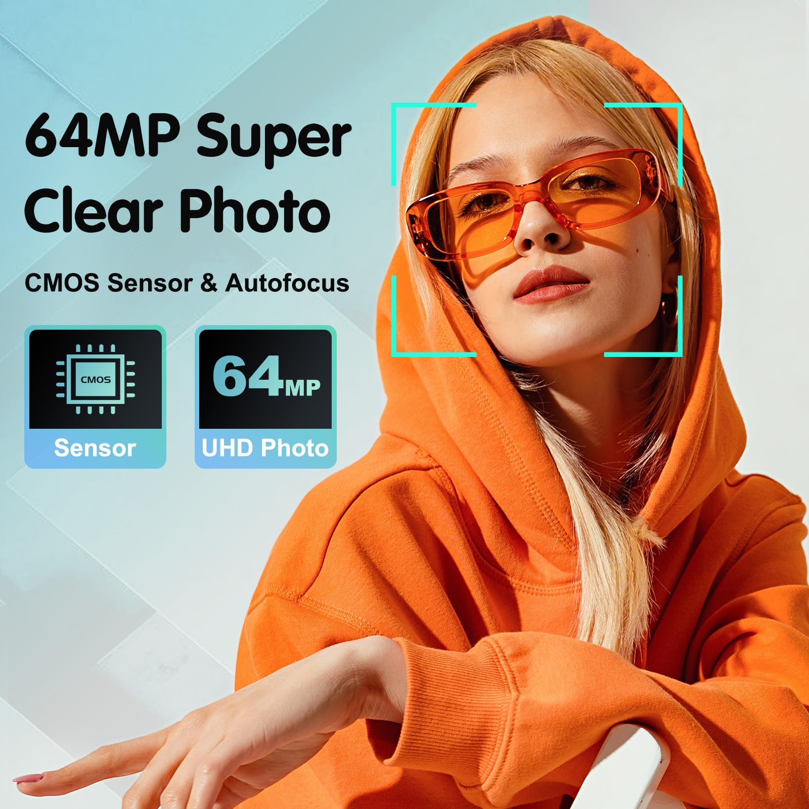 Kobieta w pomarańczowej bluzie z kapturem i pomarańczowych okularach. Tekst: 64MP Super Clear Photo, czujnik CMOS i autofokus oraz 64MP UHD Photo.