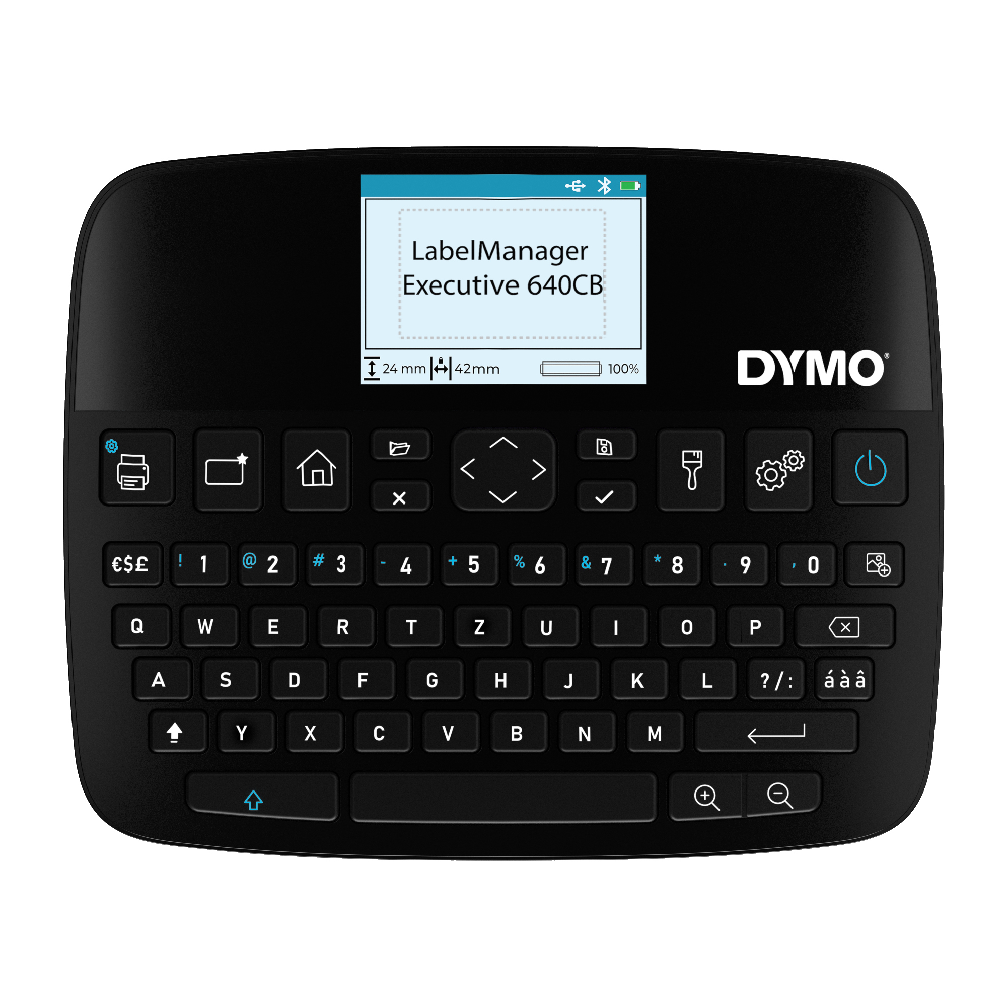Etichettatrice nera LabelManager Executive 640CB. Ha tastiera, display e logo DYMO. Pulsanti per la stampa e le impostazioni.