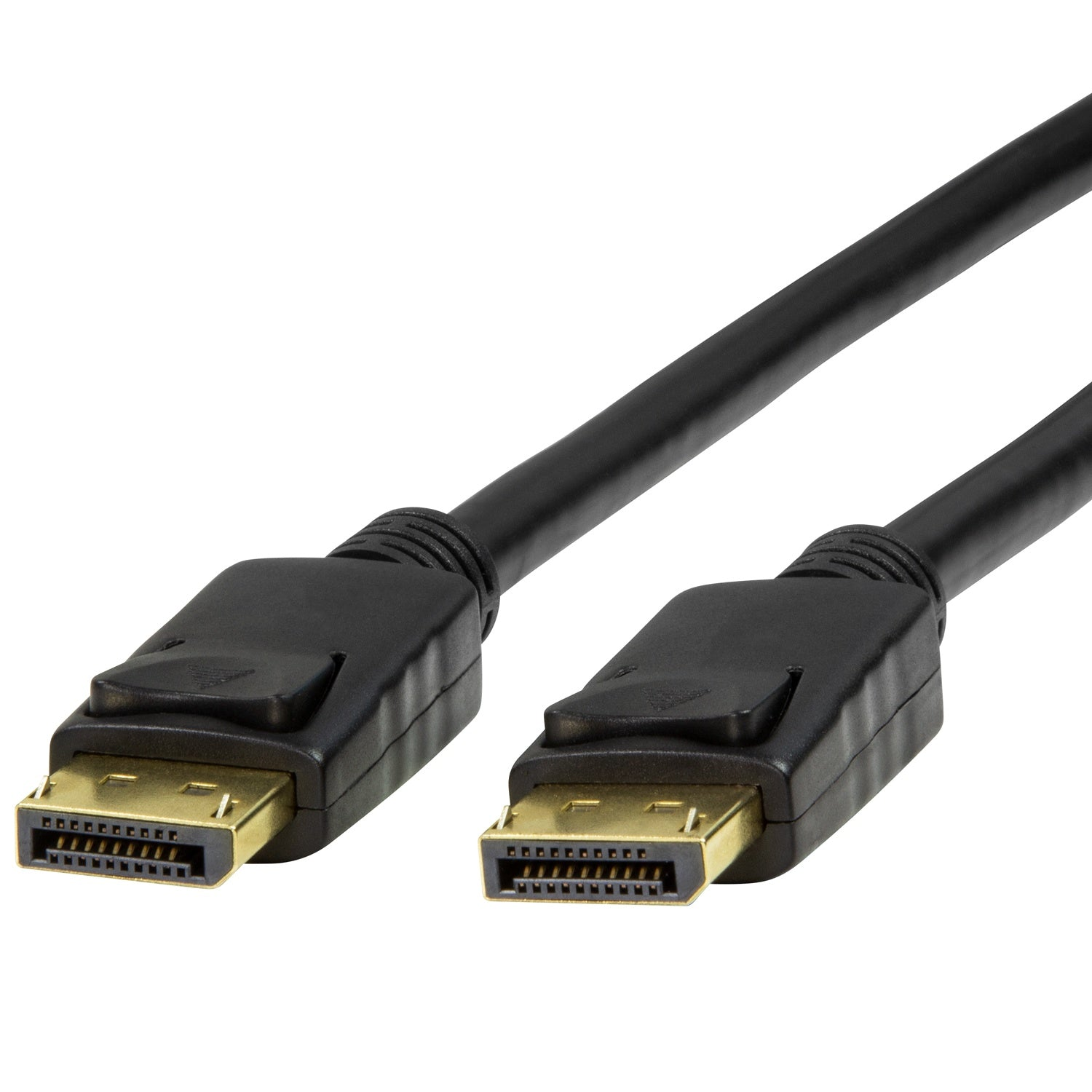 Dwa czarne kable DisplayPort ze złotymi złączami na białym tle. Kable są skierowane w prawy górny róg.