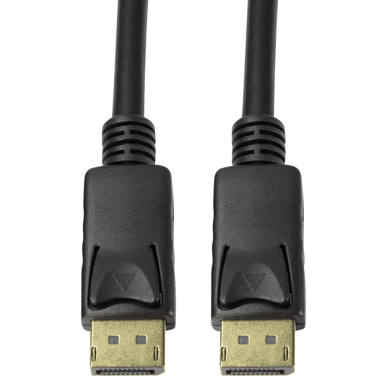Dwa czarne kable DisplayPort ze złotymi złączami na białym tle. Każdy kabel jest zorientowany pionowo.