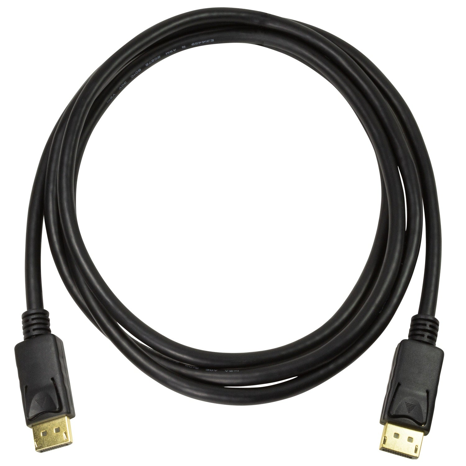 Czarny kabel DisplayPort ze złączami na każdym końcu. Kabel jest pętlą. Złącza mają złote piny.