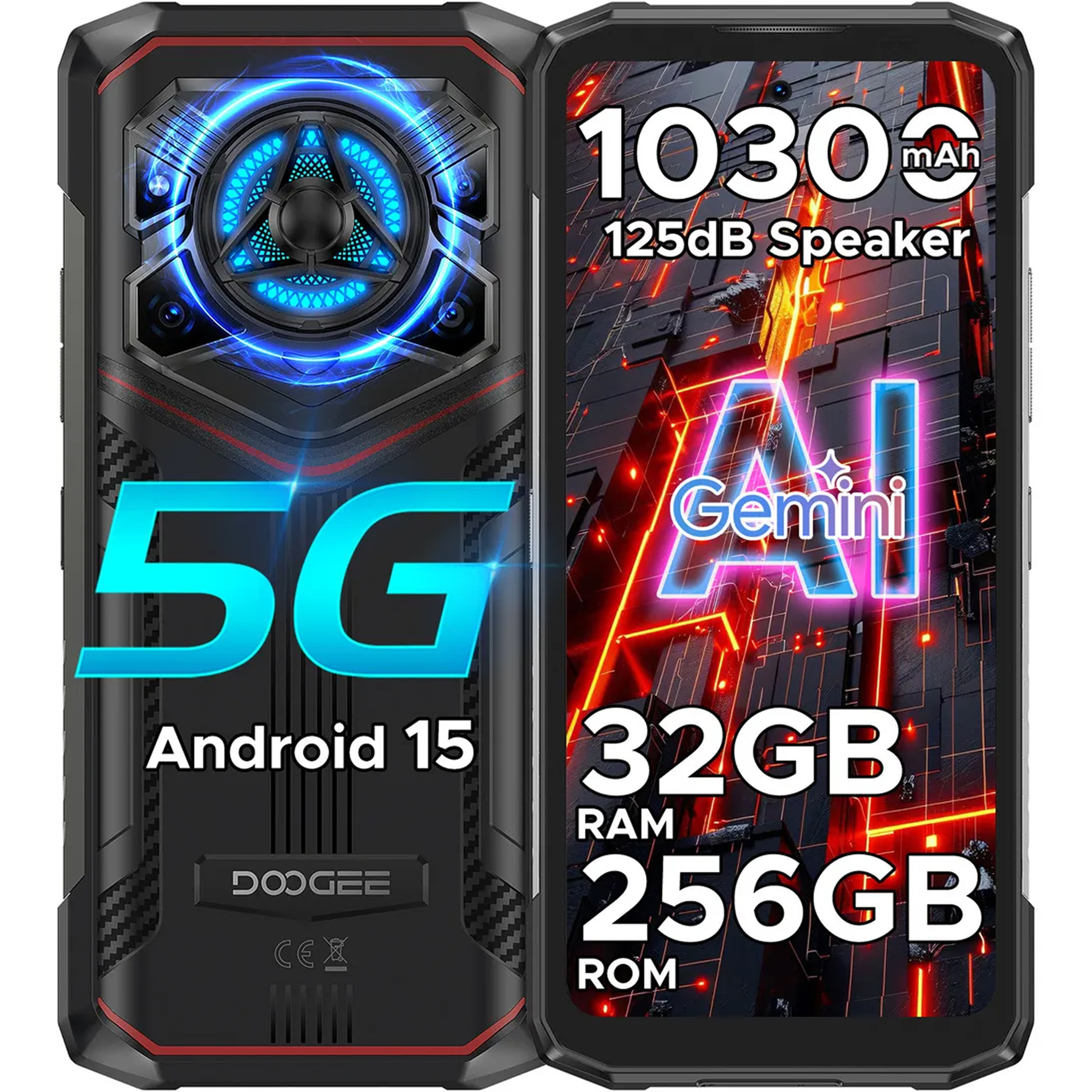 Uno smartphone nero mostra 5G, Android 15 e funzionalità come 32 GB di RAM e 256 GB di ROM. Lo schermo mostra AI Gemini.