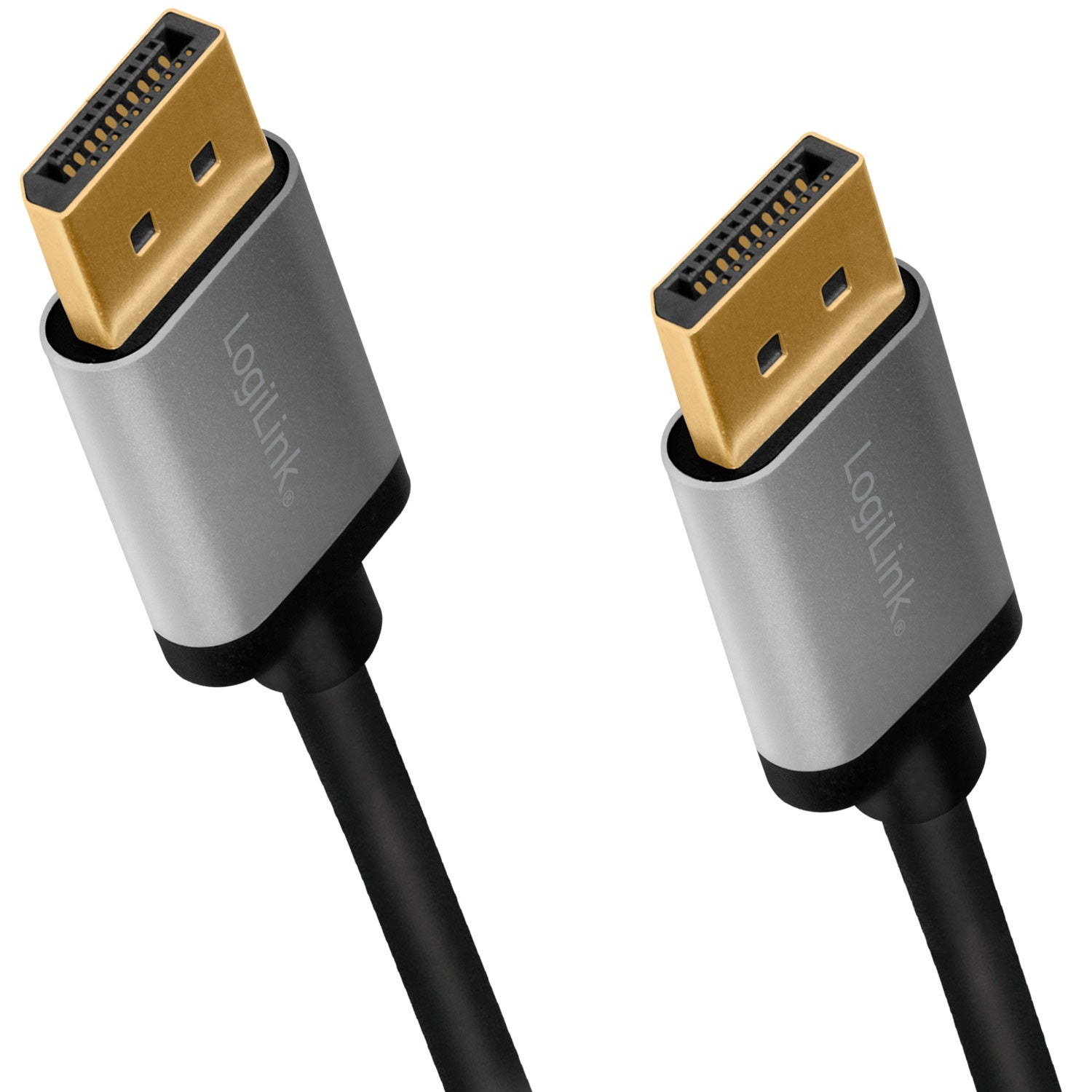 Dos cables DisplayPort LogiLink. Conectores dorados, cuerpos grises con logo y cables negros sobre fondo blanco.