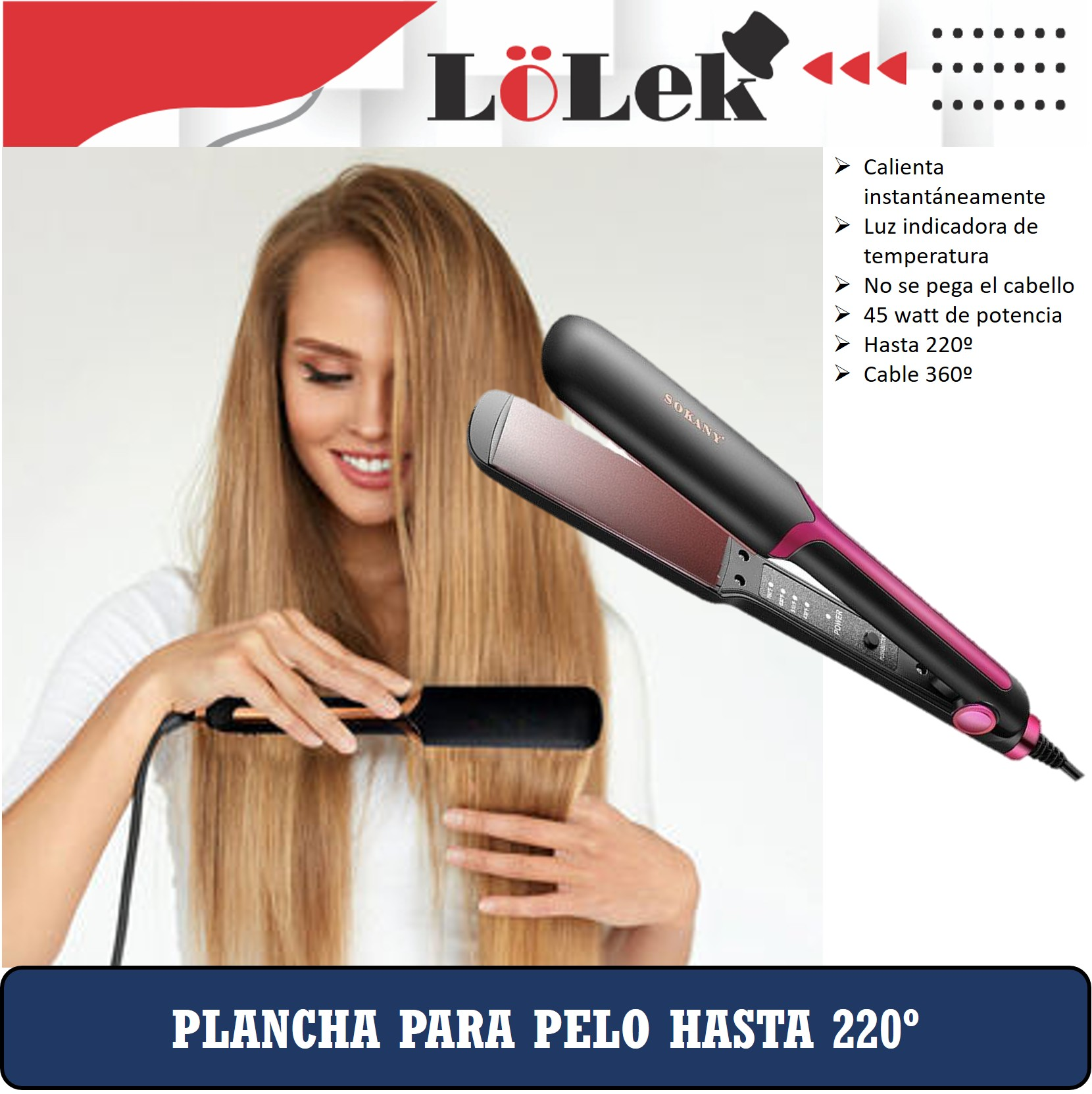 Una mujer usa una plancha para el cabello. El producto es negro y rosa. El texto dice: plancha para el cabello hasta 220 grados.