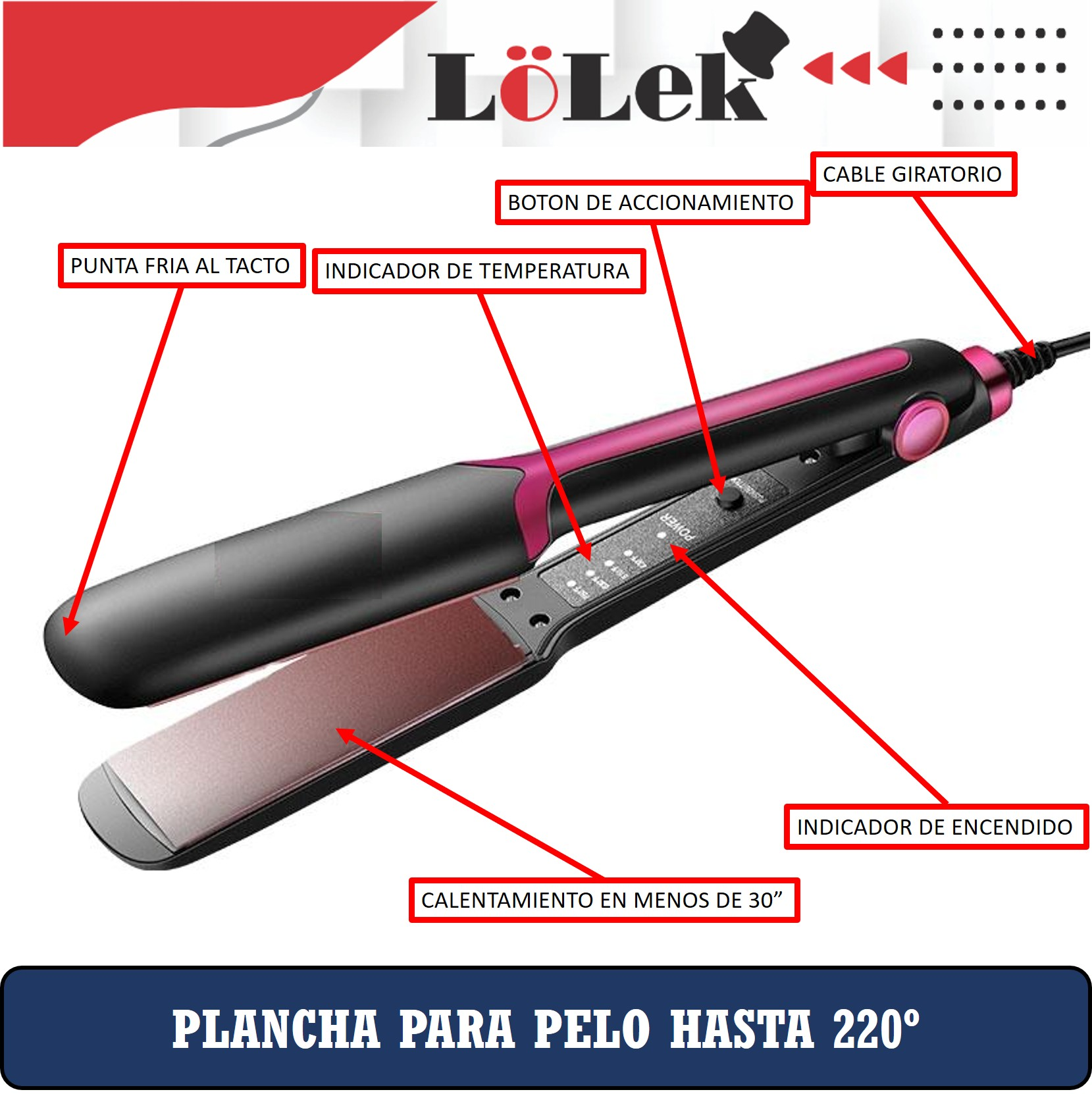 Una plancha de pelo rosa y negra con etiquetas. Tiene un cable giratorio y se calienta en menos de 30 segundos. Es para cabello hasta 220°.