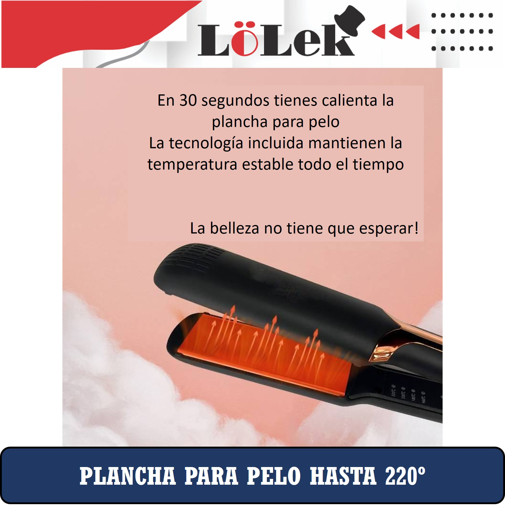 La imagen muestra una plancha de pelo negra con placas calefactoras naranjas. Texto en español anuncia las funciones del producto.
