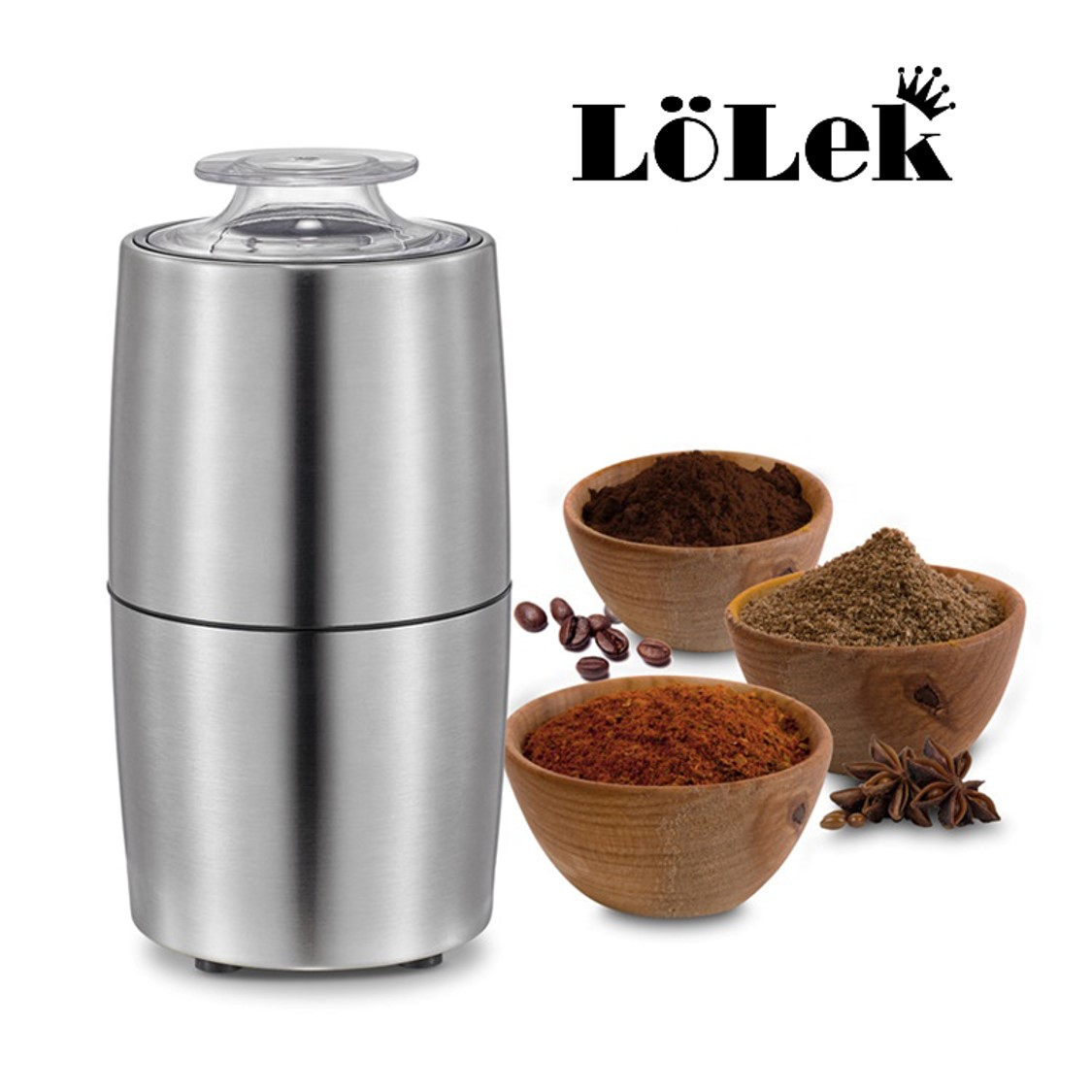 Un molinillo de café plateado con tres cuencos de madera con especias, granos de café y anís estrellado. El logo dice LöLek.