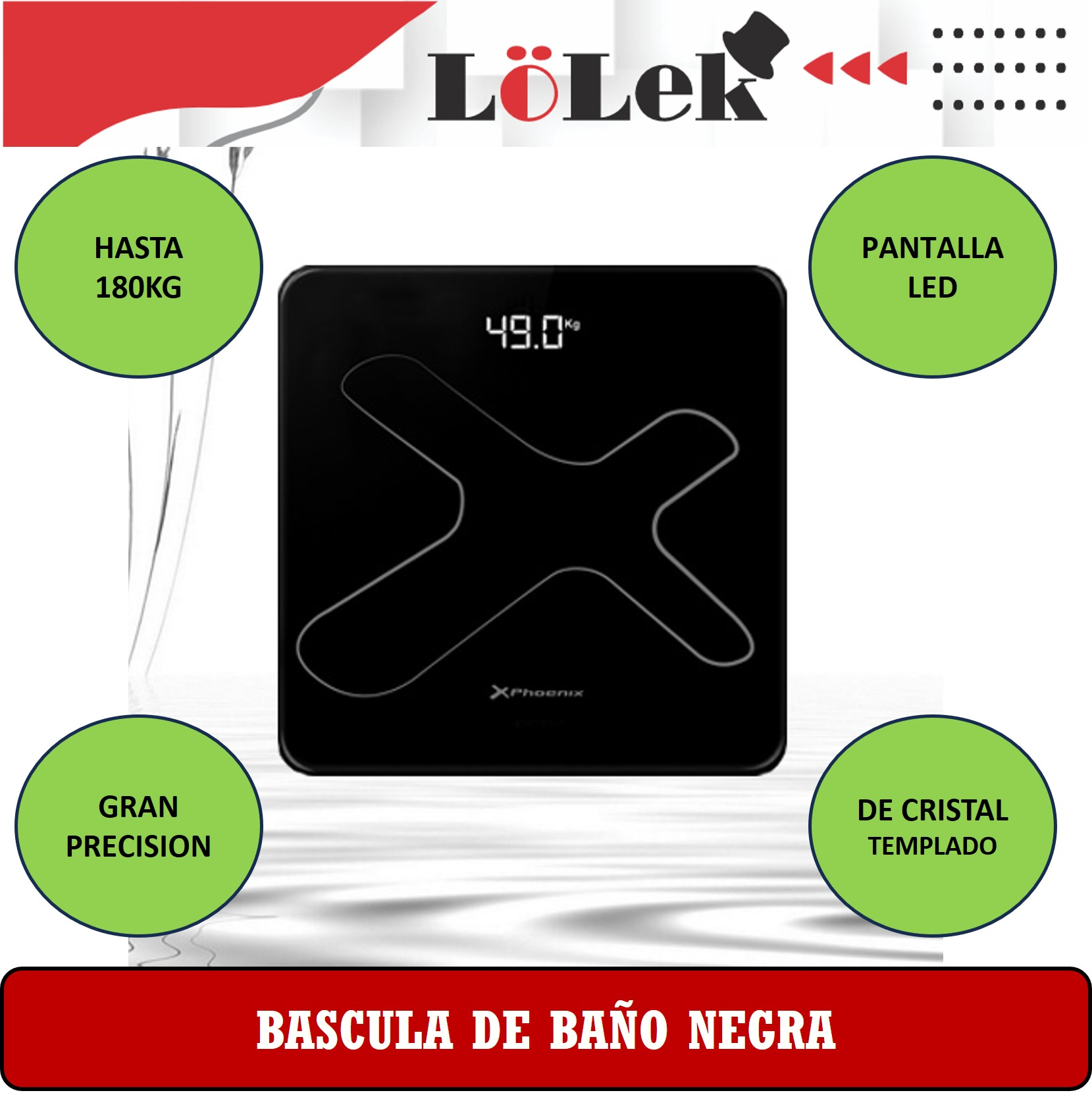 Báscula de baño negra con pantalla LED y vidrio templado. Muestra 49,0 kg y mide hasta 180 kg. Presenta la marca Lolek.