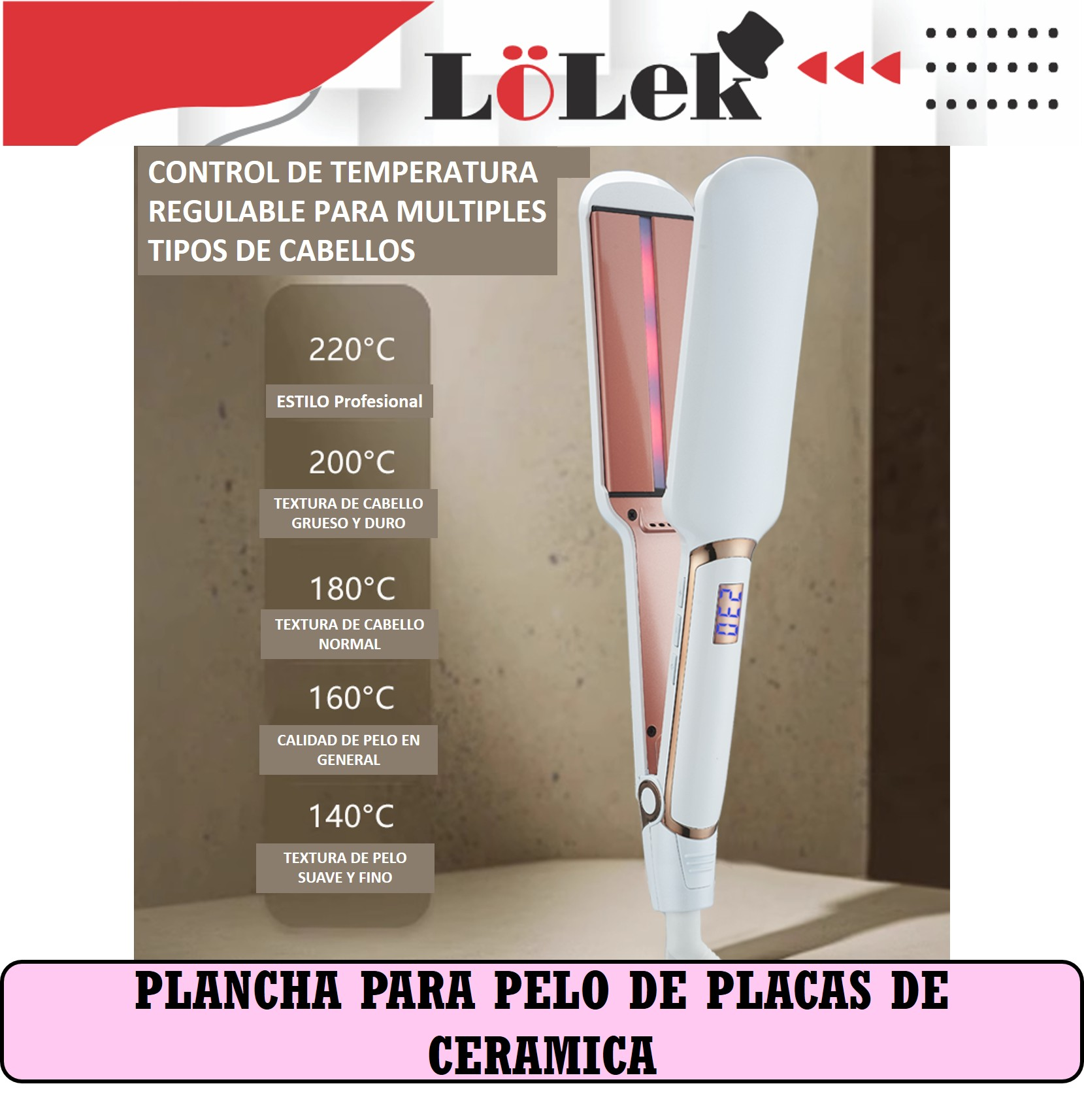 Una plancha para el cabello blanca con configuraciones de temperatura, una placa rosa y una pantalla digital. El texto dice 'Plancha para pelo de placas de ceramica'.